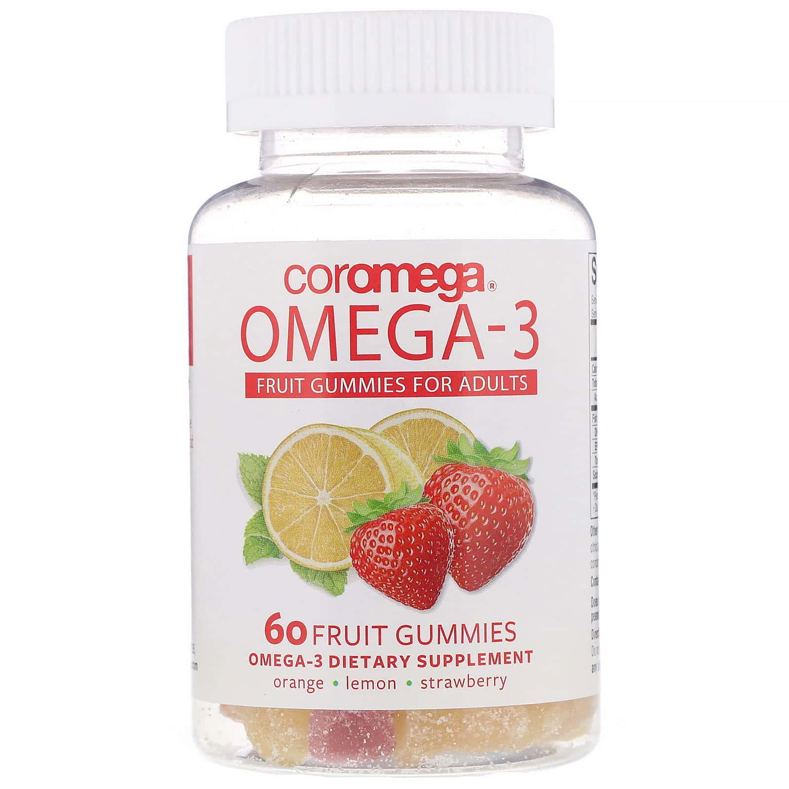 Coromega, Gomitas de frutas con omega-3 para adultos, 60 gomitas de frutas con sabor a naranja, limón y fresa