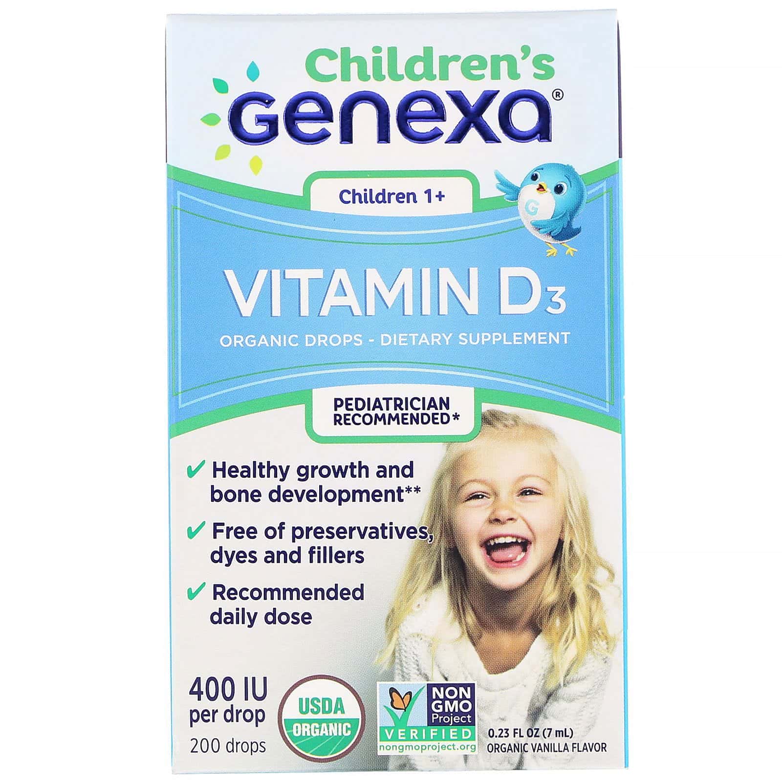 Genexa, Vitamina D3 para niños, Niños mayores de 1 año, Sabor a vainilla orgánica, 400 UI, 7 ml (0,23 oz. líq.)