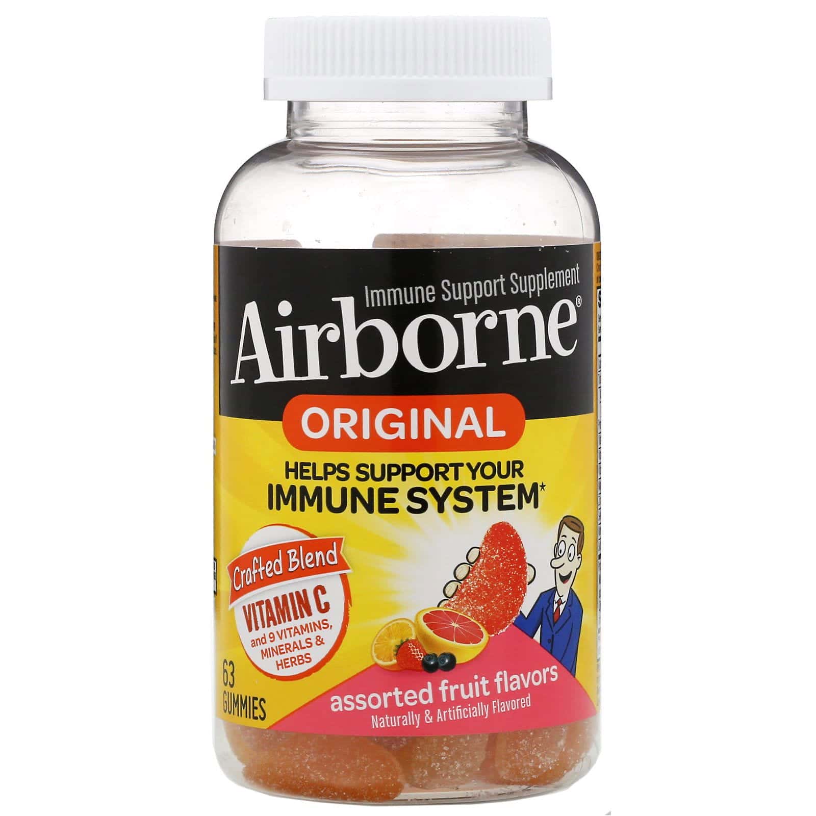 AirBorne, Suplemento de apoyo inmunitario original, Sabores surtidos de frutas, 63 gomitas