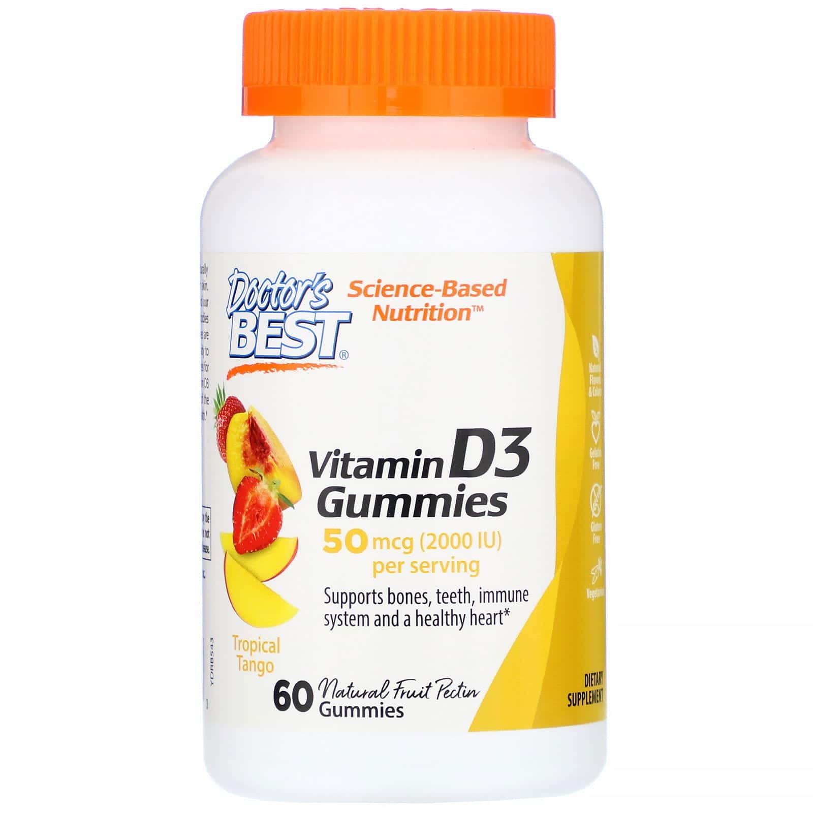 Doctor's Best, Gomitas con vitamina D3, Tango tropical, 50 mcg, 60 gomitas