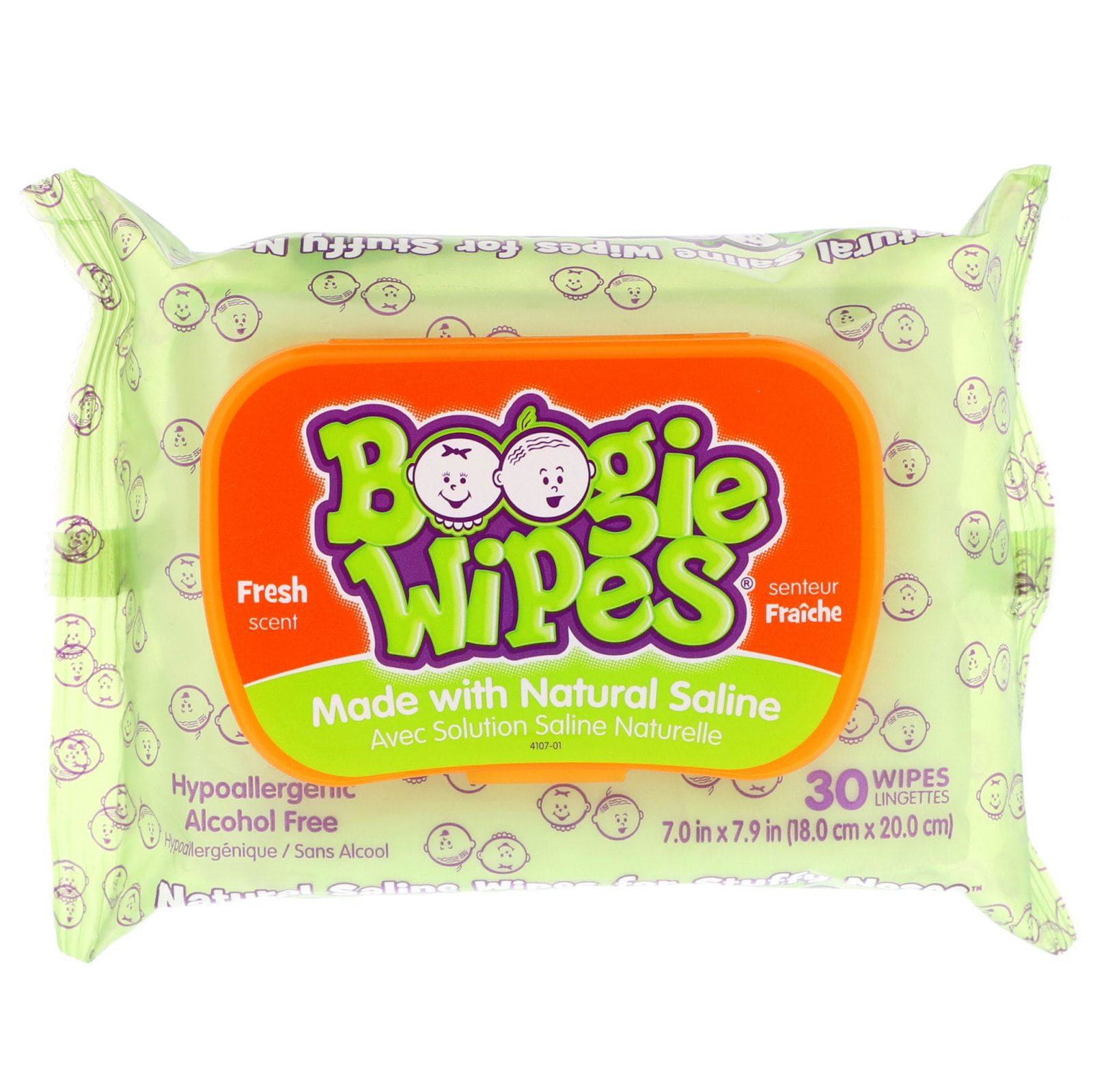 Boogie Wipes, Toallitas salinas naturales para narices congestionadas, aroma fresco, 30 toallitas