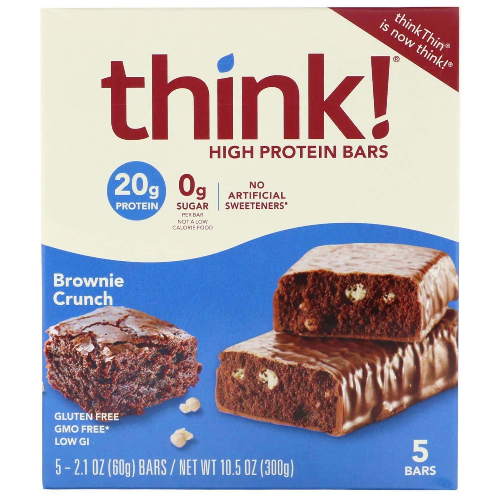 ThinkThin, Barras altas en proteína, Brownie crocante, 5 barras, 60 g (2,1 oz) cada una