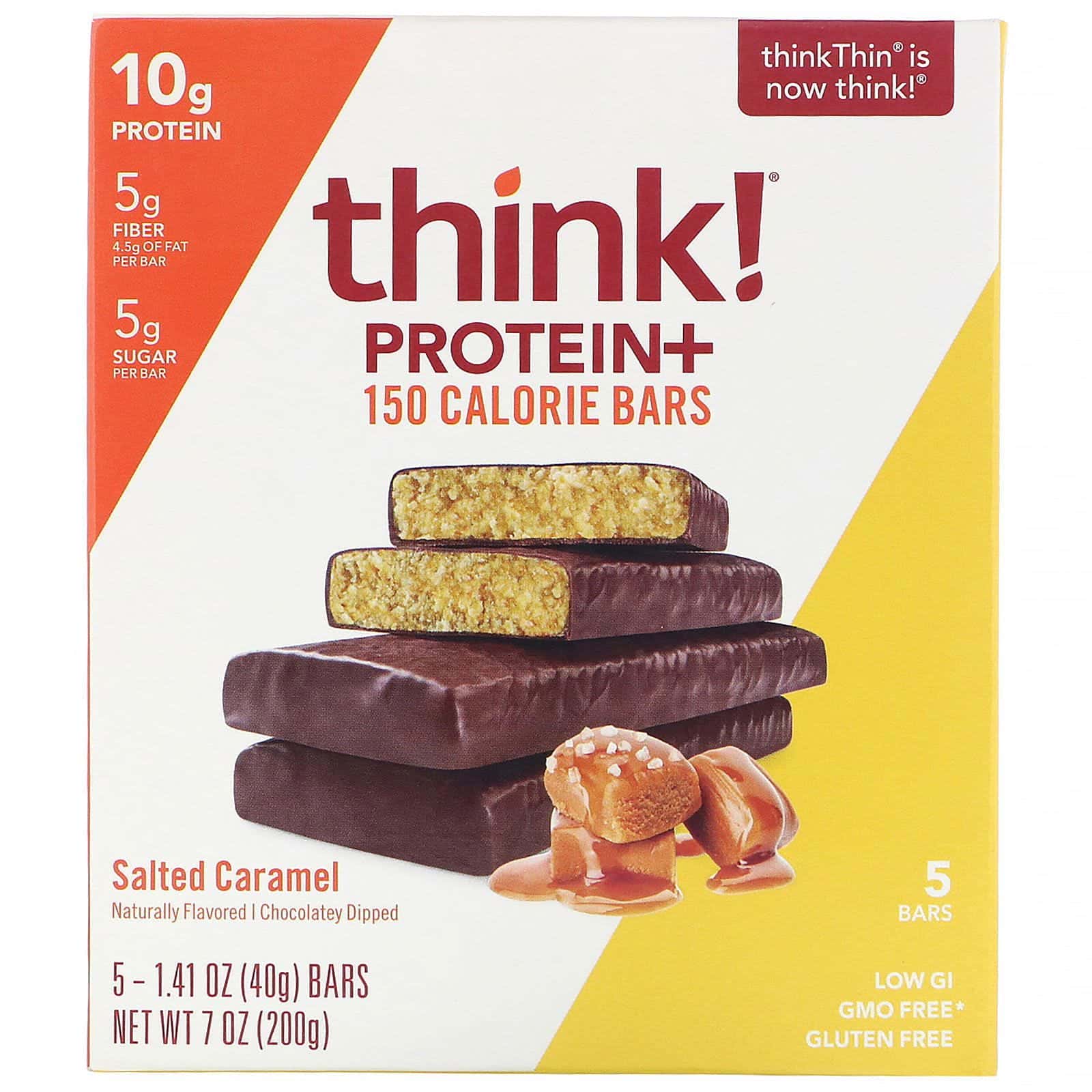 ThinkThin, Barras de 150 calorías Protein+, Sabor caramelo salado, 5 barras, 40 g (1,41 oz) cada una
