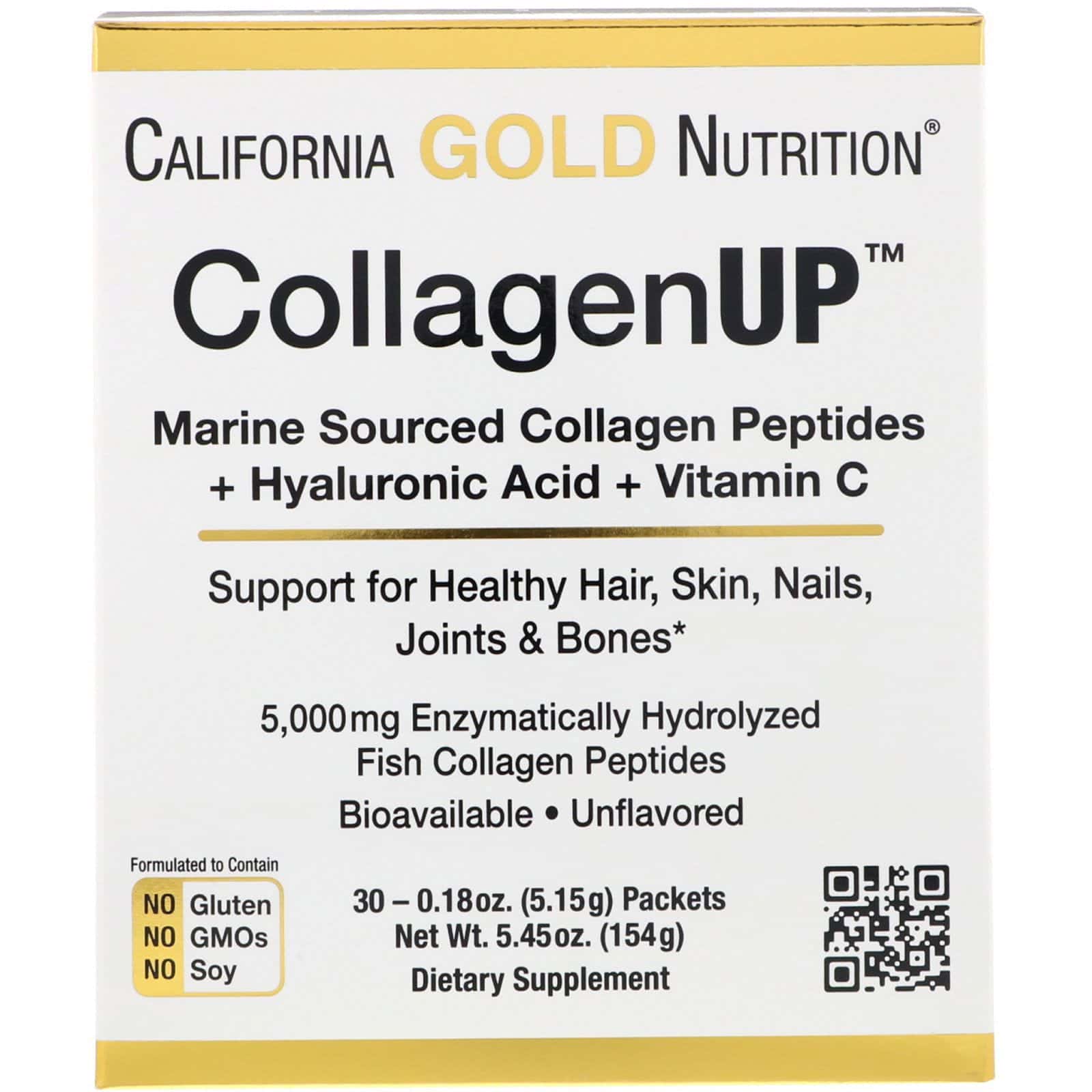 California Gold Nutrition, CollagenUP, Colágeno marino hidrolizado con ácido hialurónico y vitamina C, Sin sabor, 30 sobres, 5,15 g (0,18 oz) cada uno