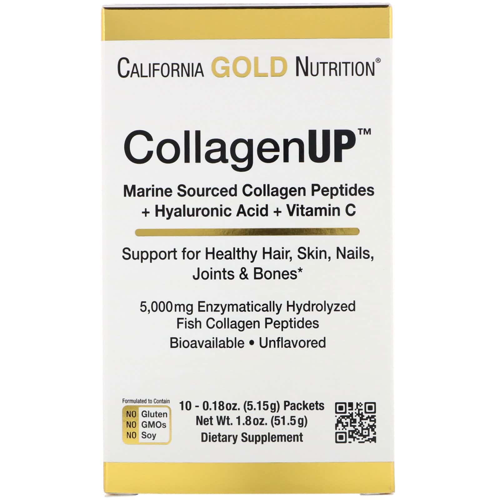 California Gold Nutrition, CollagenUP, Colágeno marino hidrolizado con ácido hialurónico y vitamina C, Sin sabor, 10 sobres, 5,15 g (0,18 oz) cada uno