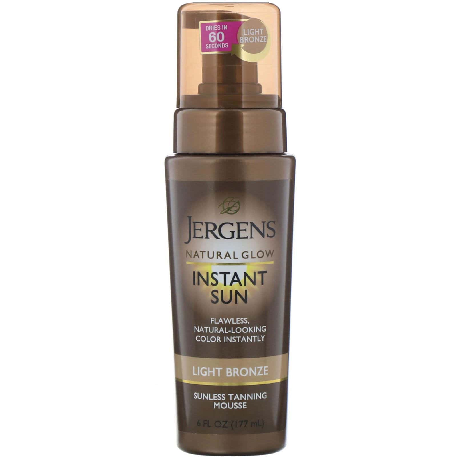 Jergens, Natural Glow, Instant Sun, Mousse autobronceante, Bronce ligero, 177 ml (6 oz. líq.)