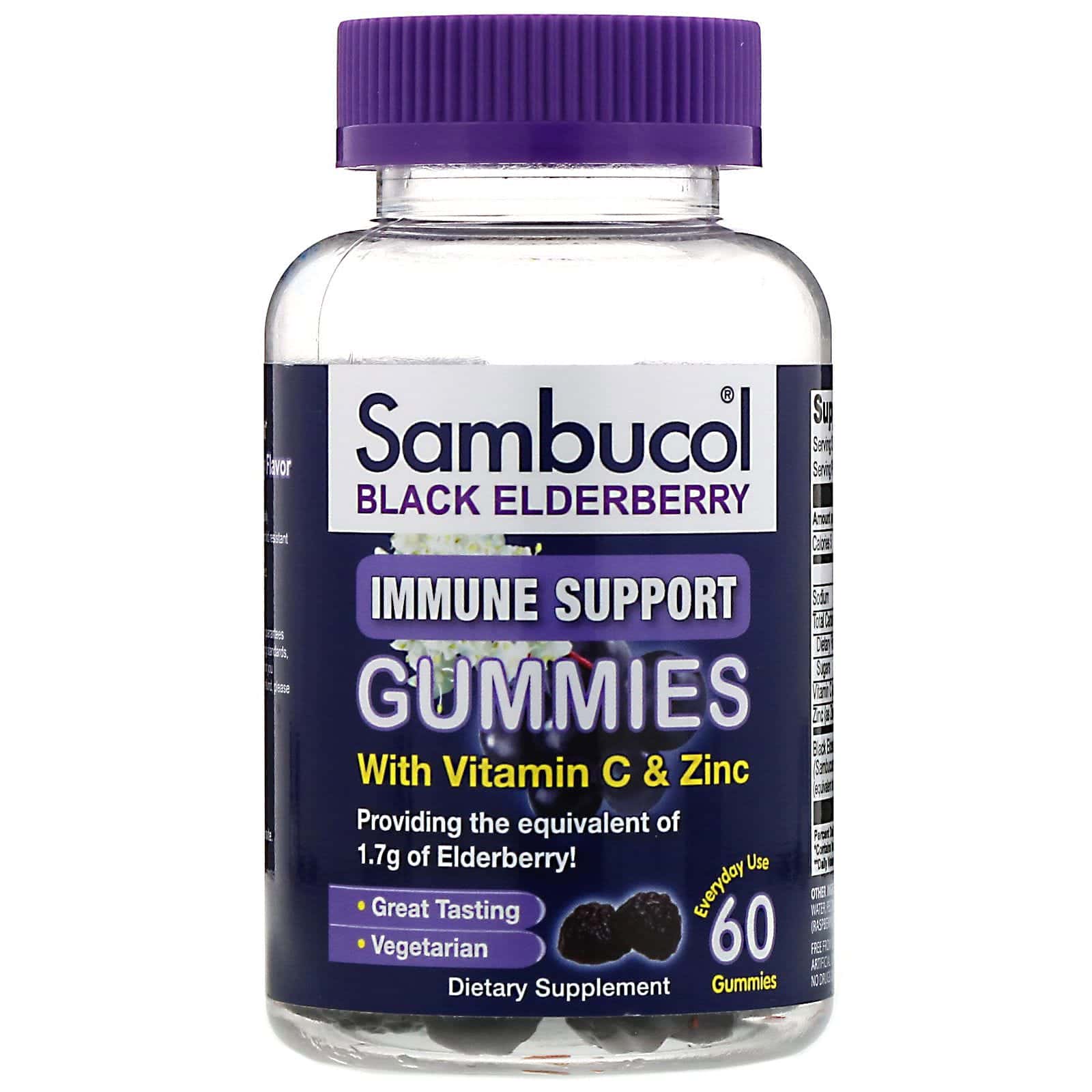 Sambucol, Suplemento inmunitario de bayas de saúco negro, Gomitas con vitamina C y zinc, Bayas naturales, 60 gomitas
