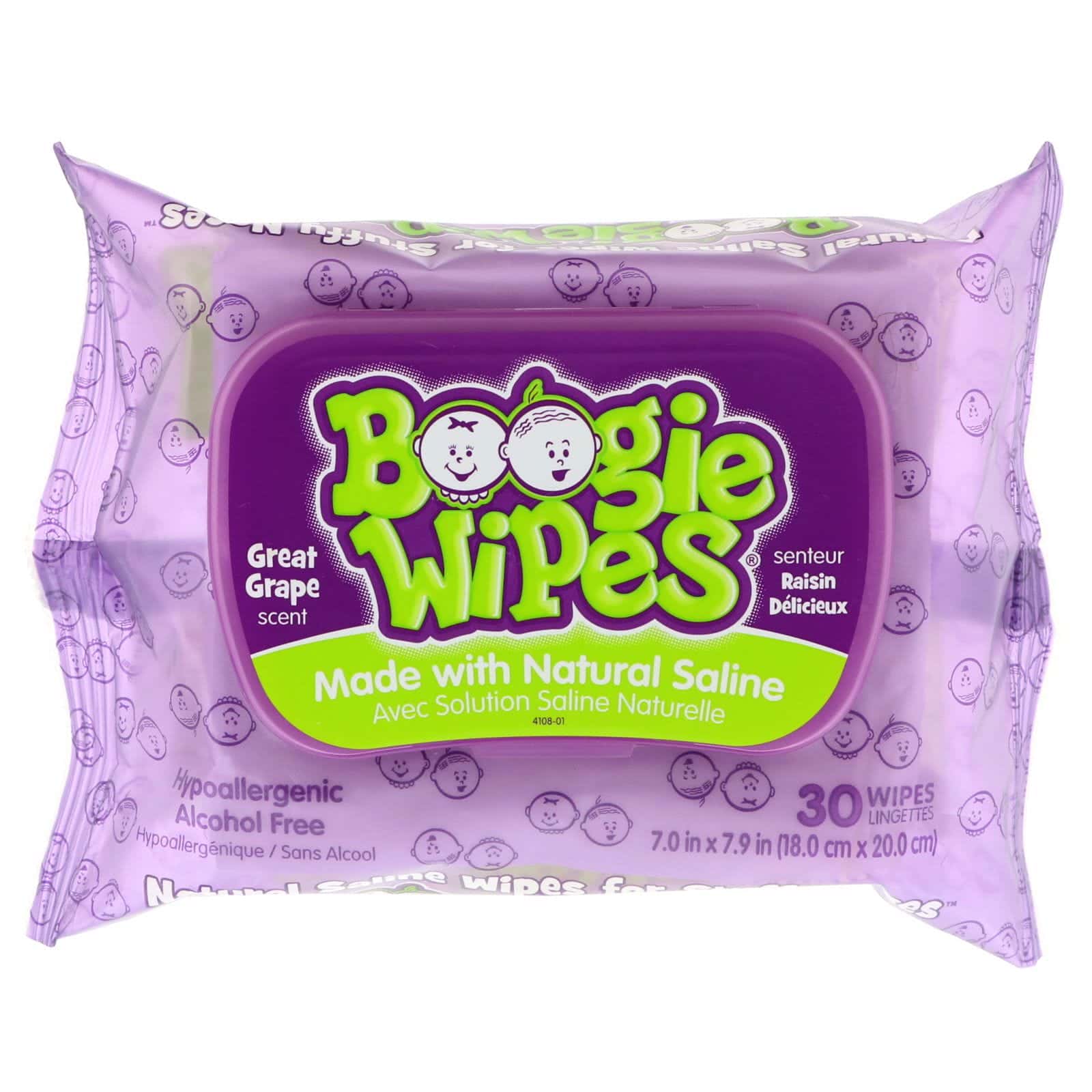Boogie Wipes, Pañitos salinos naturales para narices tupidas, gran aroma a uva, 30 pañitos