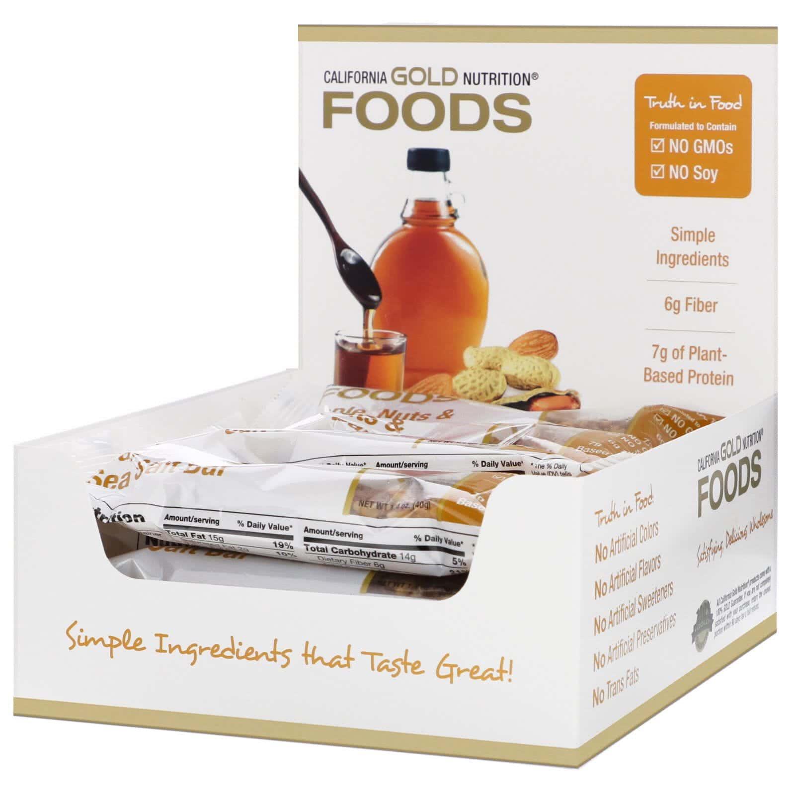 California Gold Nutrition, Foods, Barritas de arce, fruto secos y sal marina, 12 Barritas, 40 g (1,4 oz) cada una