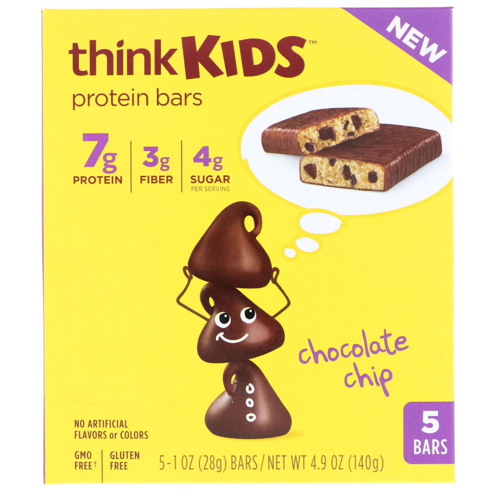 Think !, ThinkKids, Protein Bars, Chocolate Chip, 5 Bars, 1 oz (28 g) Each
