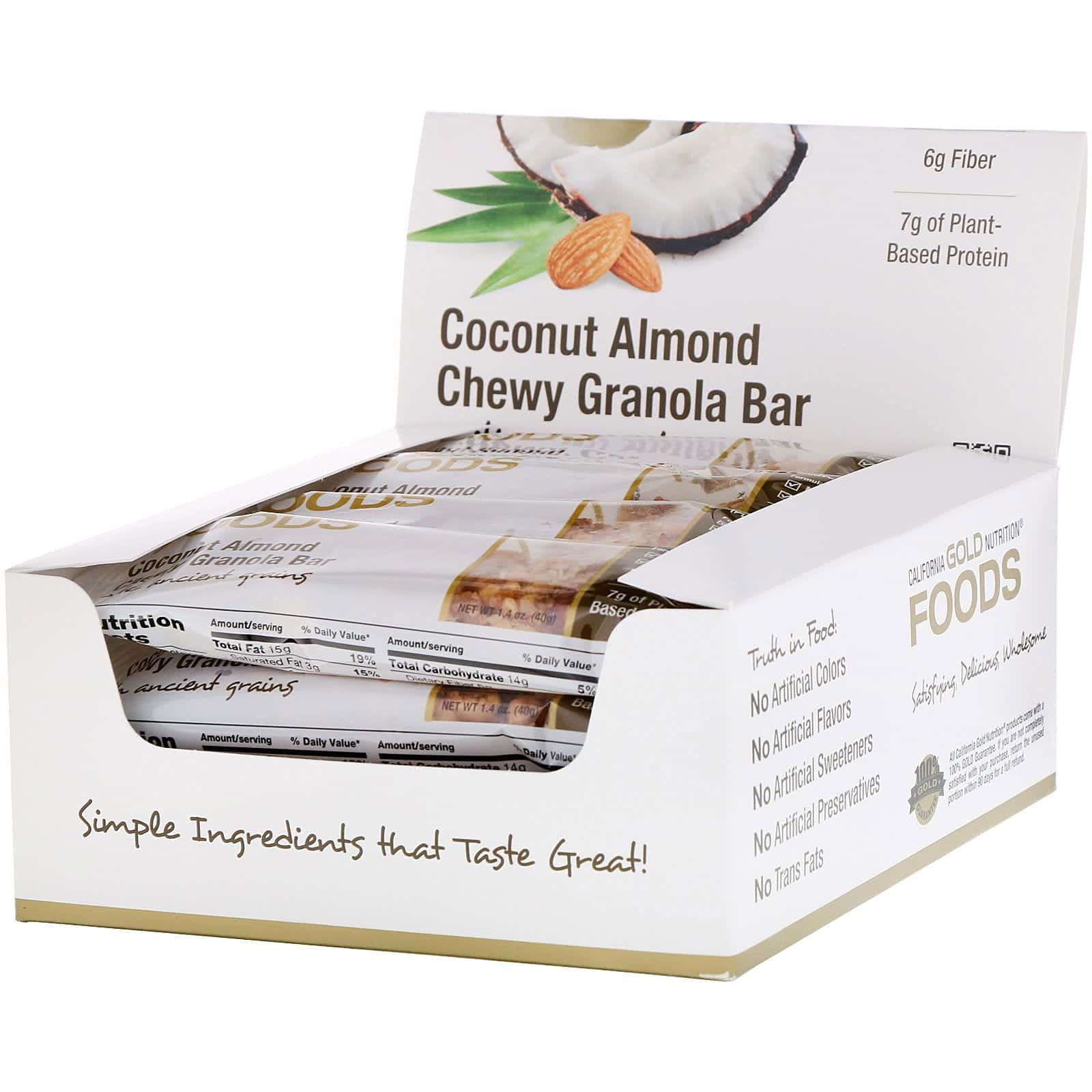 California Gold Nutrition, Alimentos, barras de granola masticables con almendra y coco, 12 Bars, 1.4 oz (40 g) cada una