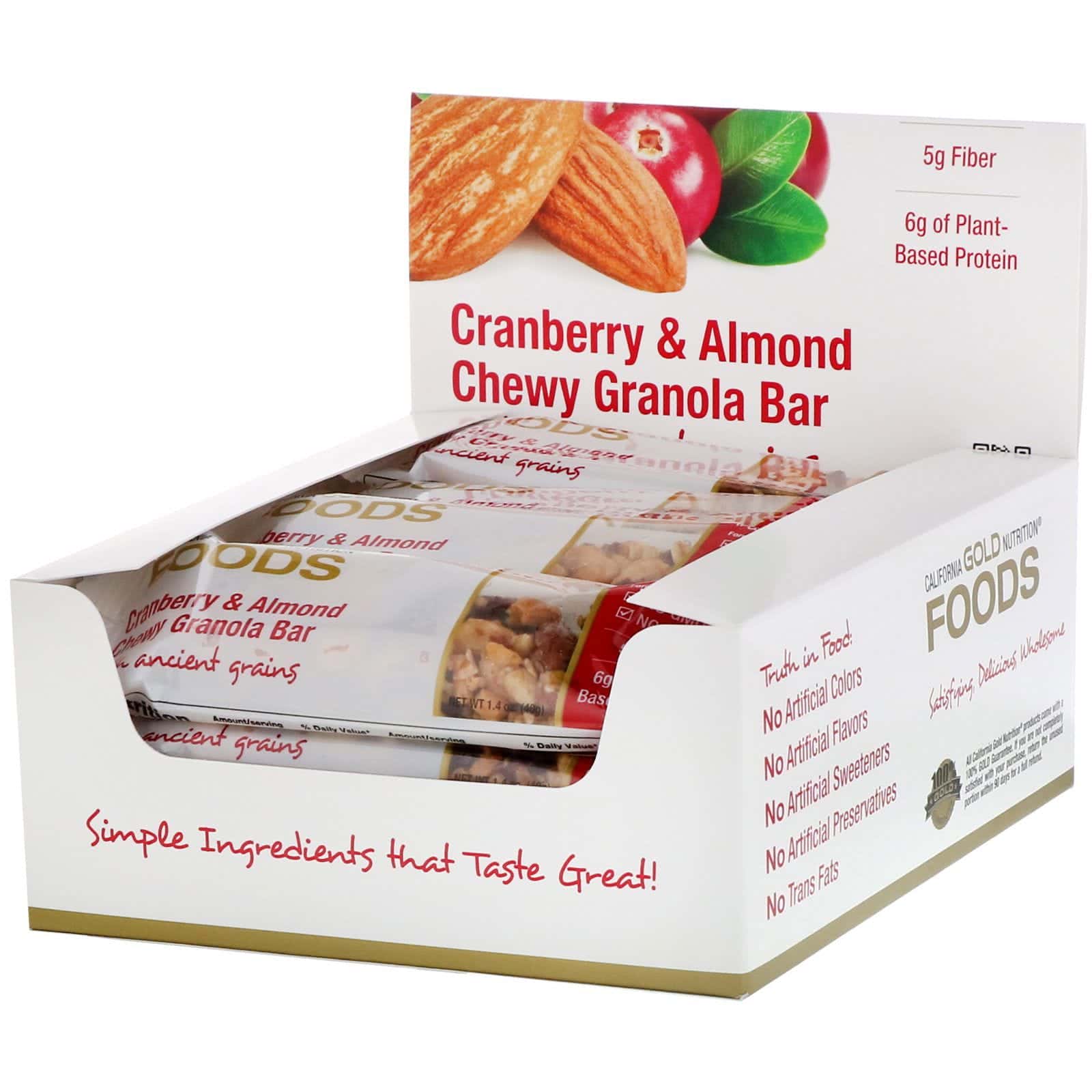 California Gold Nutrition, Alimentos, barras de granola masticables con arándanos y almendras, 12 barras, 1,4 oz (40 g) cada una