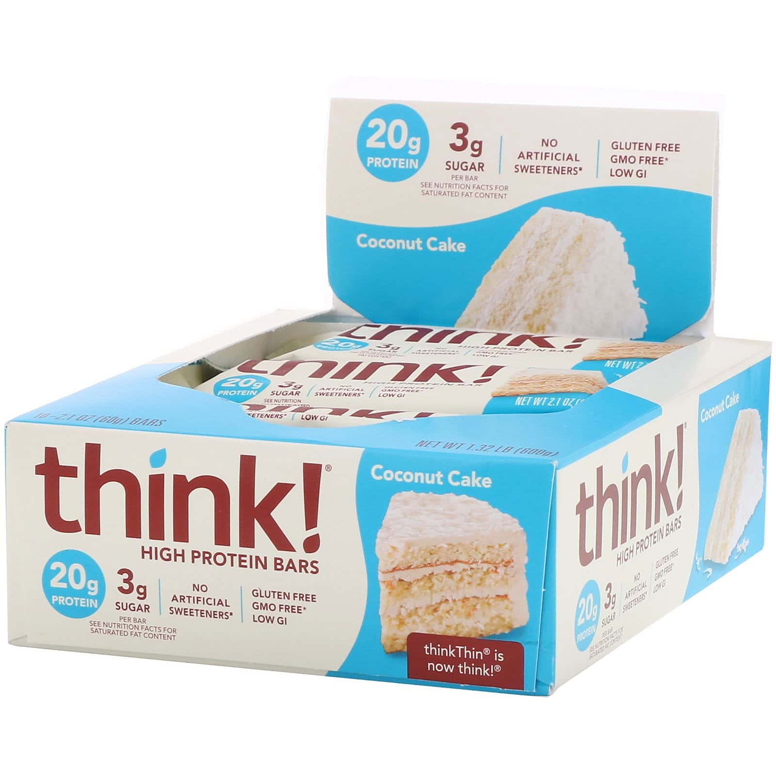 Think !, High Protein Bars, Coconut Cake, 10 Bars, 2.1 oz (60 g) Each