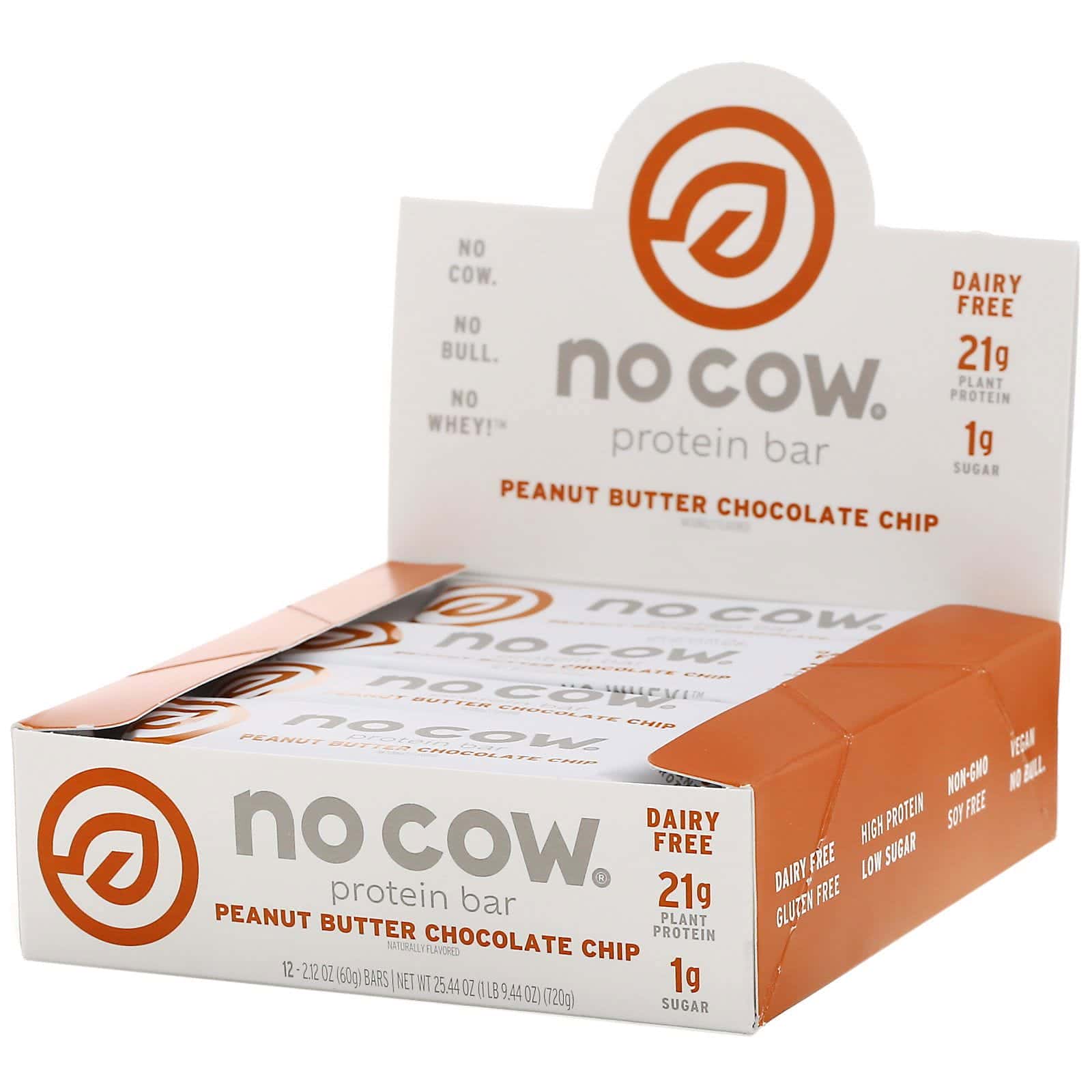 No Cow, Barrita proteica, Chip de chocolate y mantequilla de maní, 12 barritas, 60 g (2,12 oz) cada una