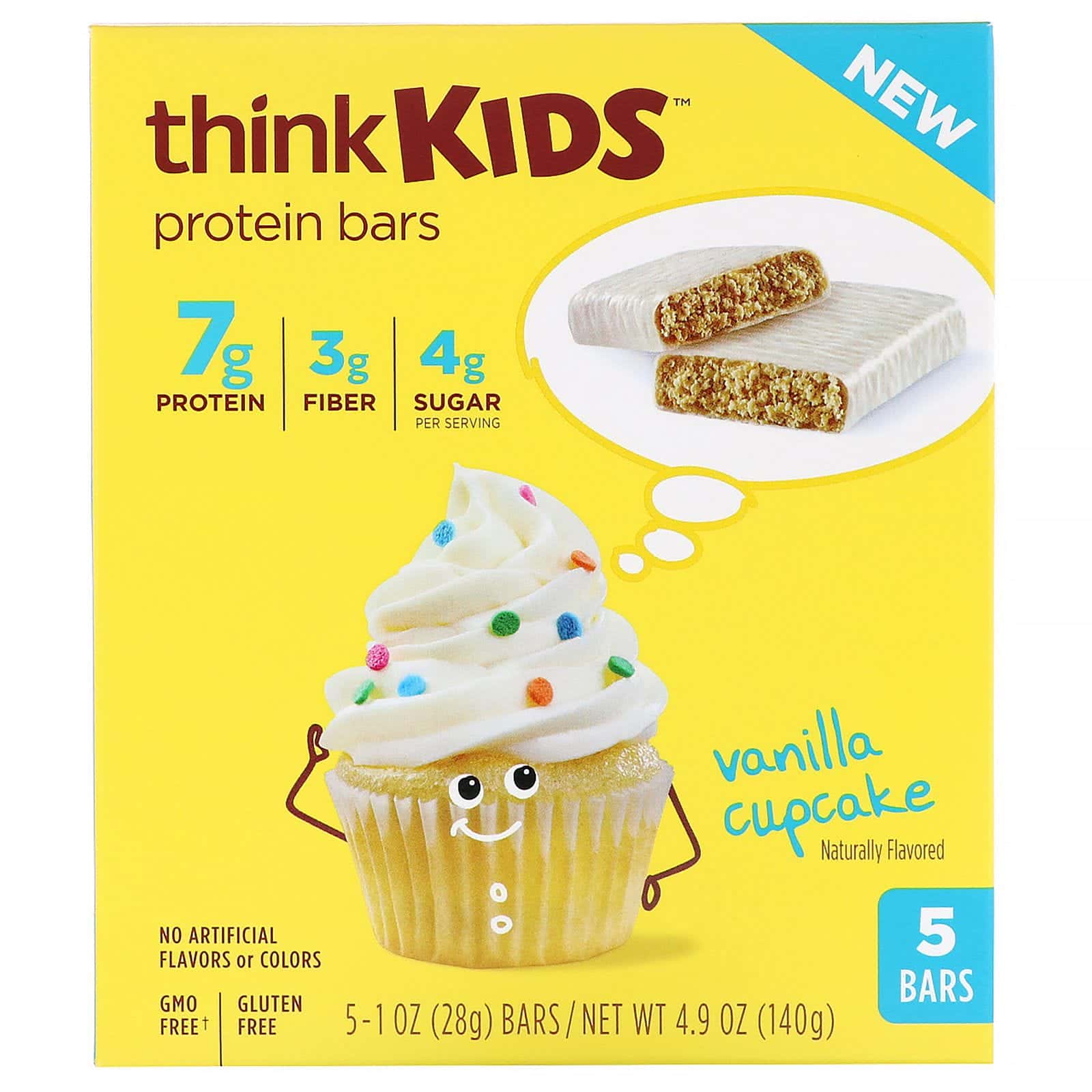 Think !, ThinkKids, Barras de proteínas, Cupcake sabor vainilla, 5 barras, 1 oz (28 g) cada una
