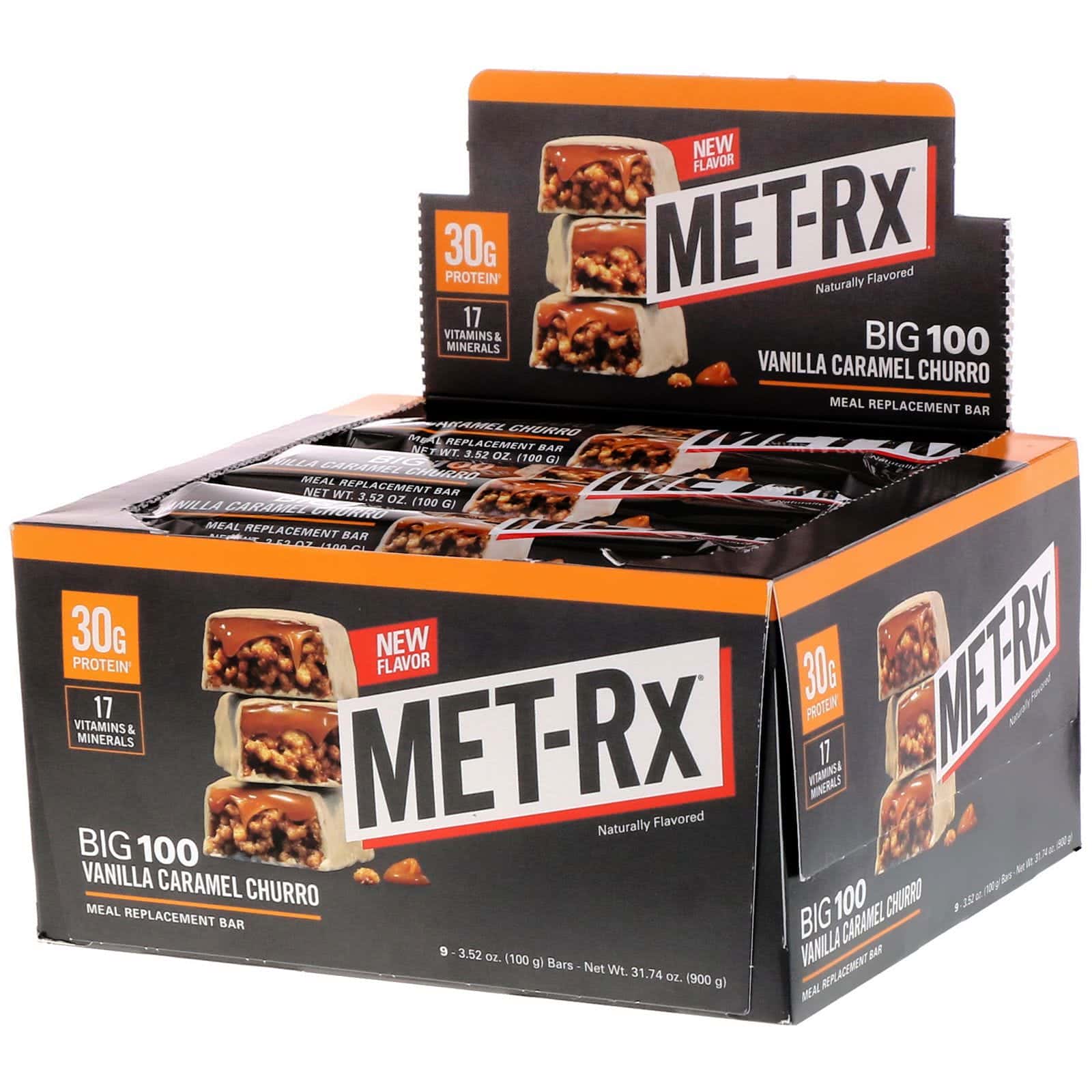MET-Rx, Big 100, barrita para reemplazar comidas, churro de vainilla y caramelo, 9 barritas, 100 g (3,52 oz) cada una