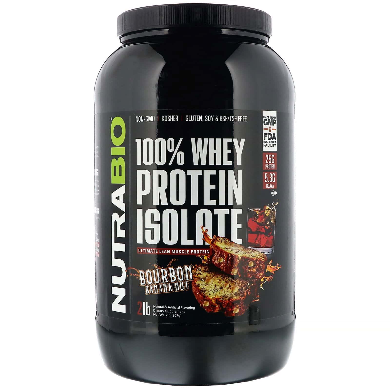 NutraBio Labs, 100 % proteína de suero de leche aislada, Bananas y nueces con bourbon, 907 g (2 lb)