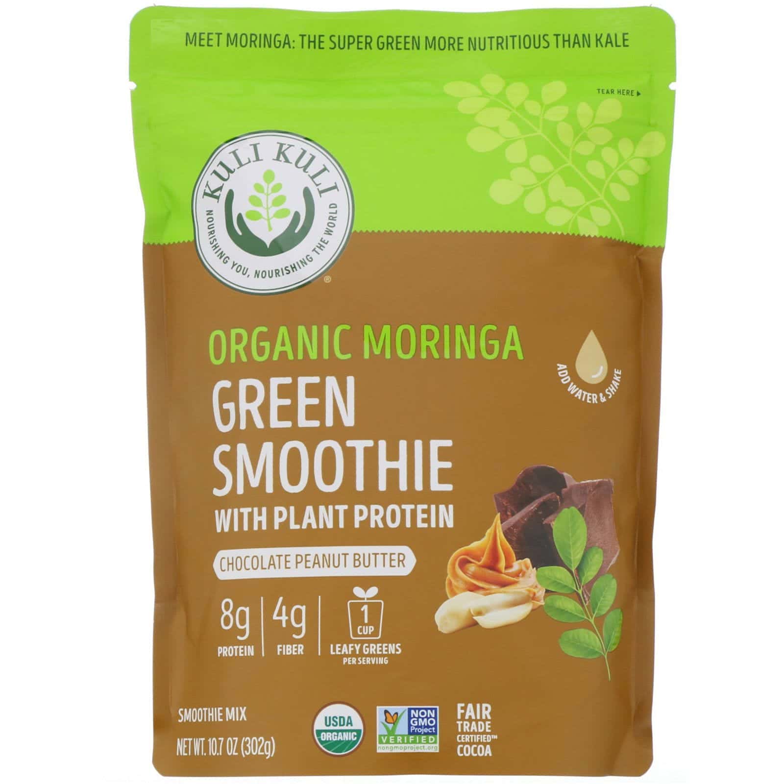 Kuli Kuli, Batido verde de moringa orgánica con proteína vegetal, chocolate y mantequilla de maní, 302 g (10,7 oz)