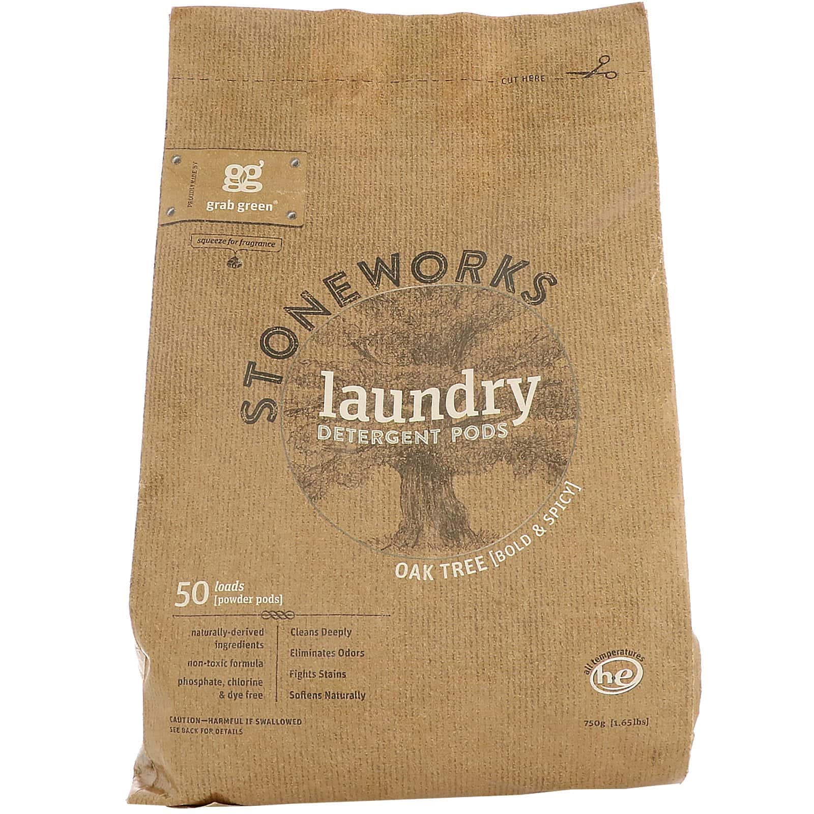 Grab Green, Stoneworks, cápsulas de detergente para ropa, roble, 50 cargas, 1.65 lbs (750 g)