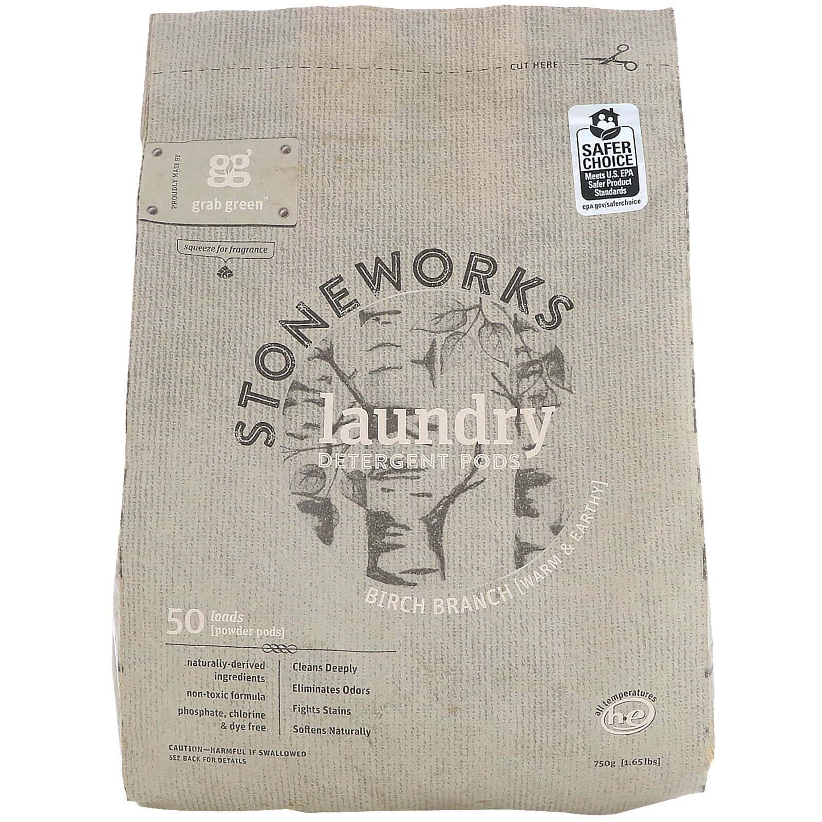 Grab Green, Stoneworks, cápsulas de detergente para ropa, rama de abedul, 50 cargas, 1.65 lbs (750 g)