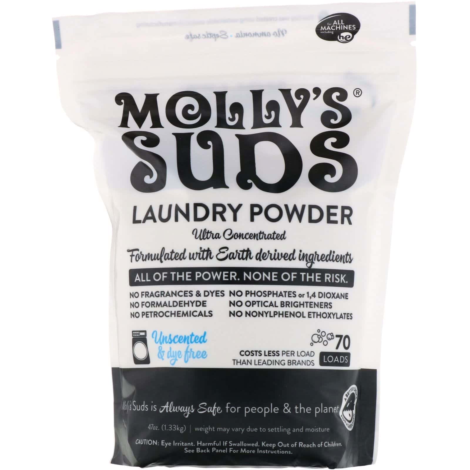 Molly's Suds, Detergente en polvo, Ultra concentrado, Sin perfume, 70 cargas, 1.33 kg (47 oz)