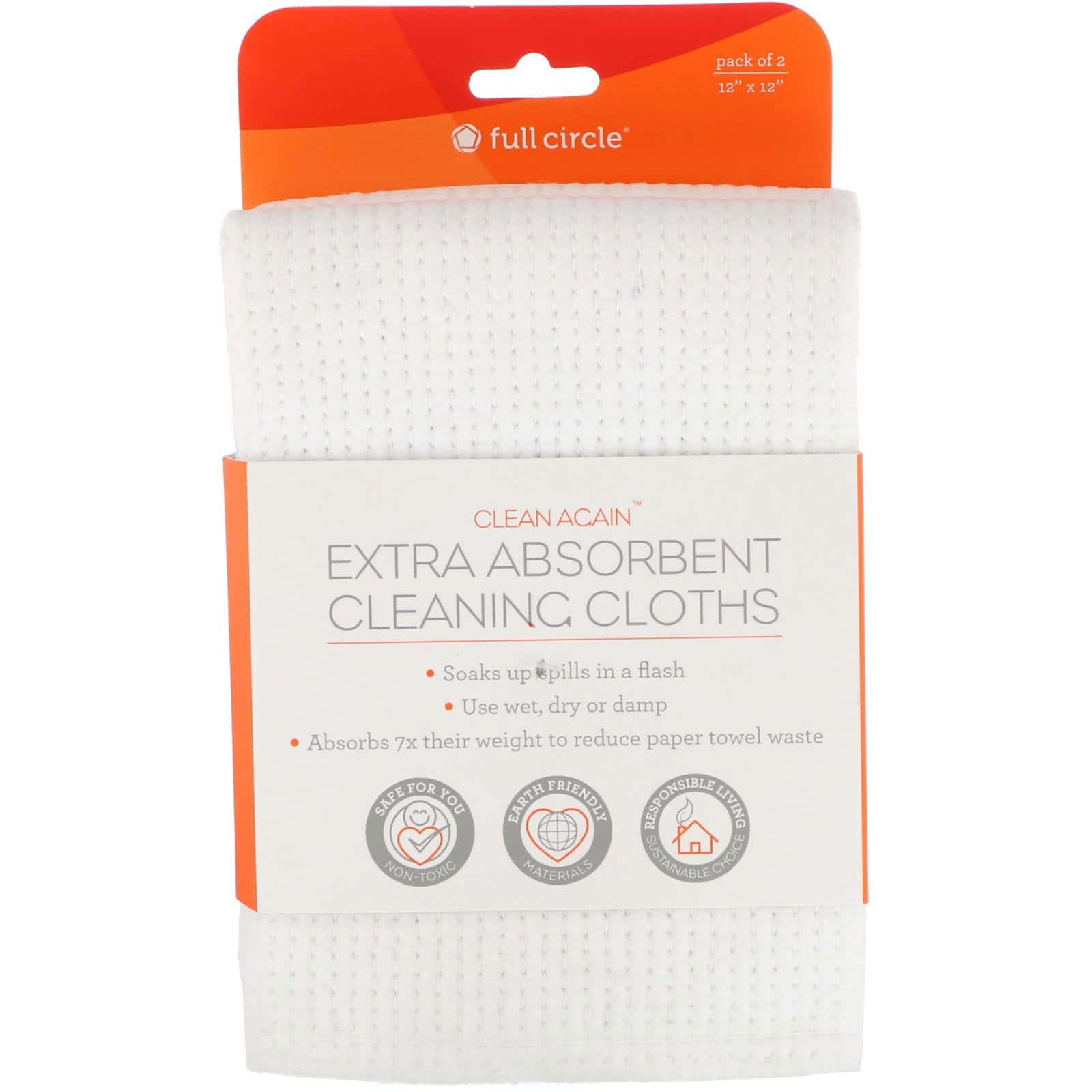 Full Circle, Limpio de nuevo, paños limpiadores extra absorbentes, 2 packs, 5,08 cm x 5,08 cm (12" x 12») cada uno