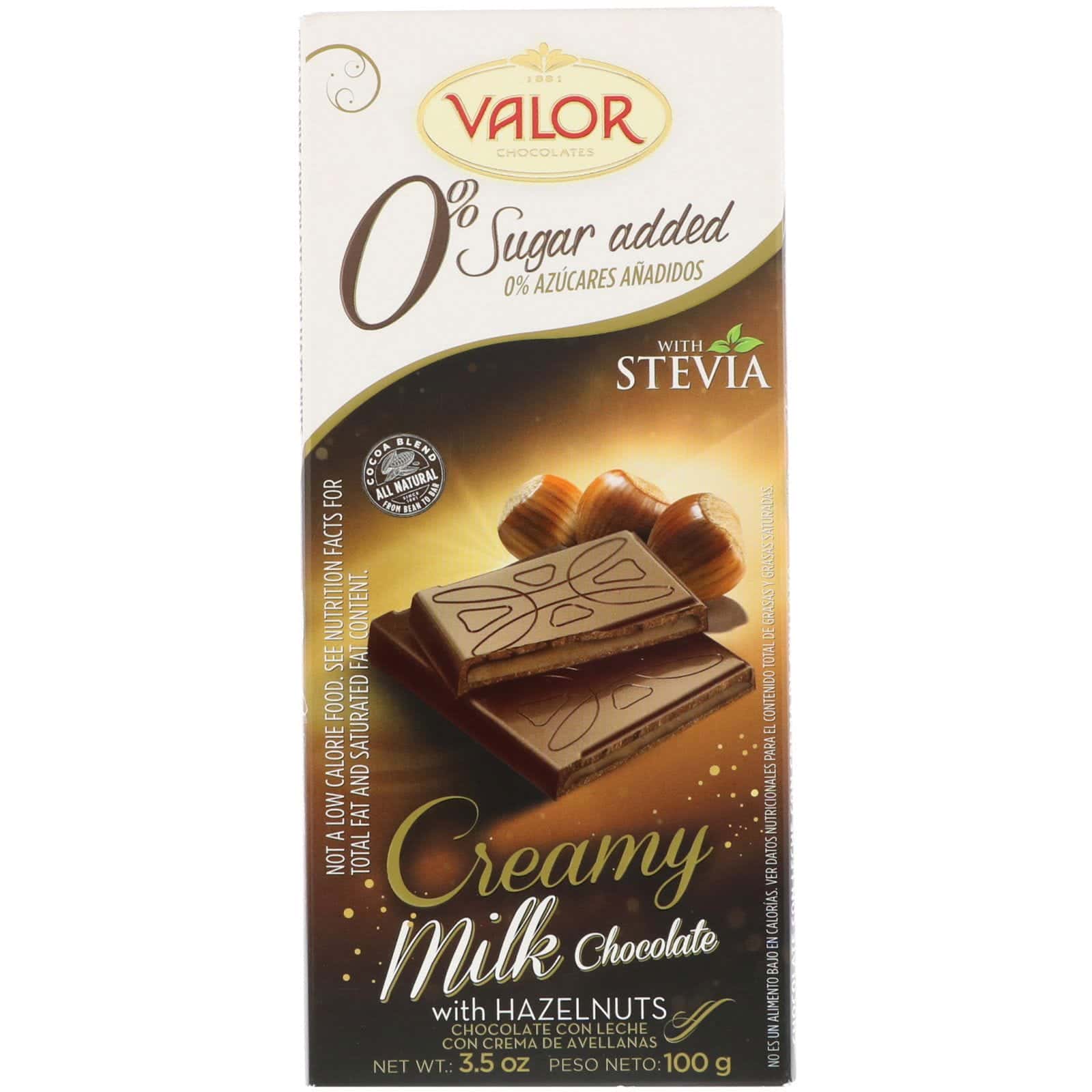 Valor, 0% Azúcar añadida, Chocolate con leche con crema de avellanas, 3.5 oz (100 g)