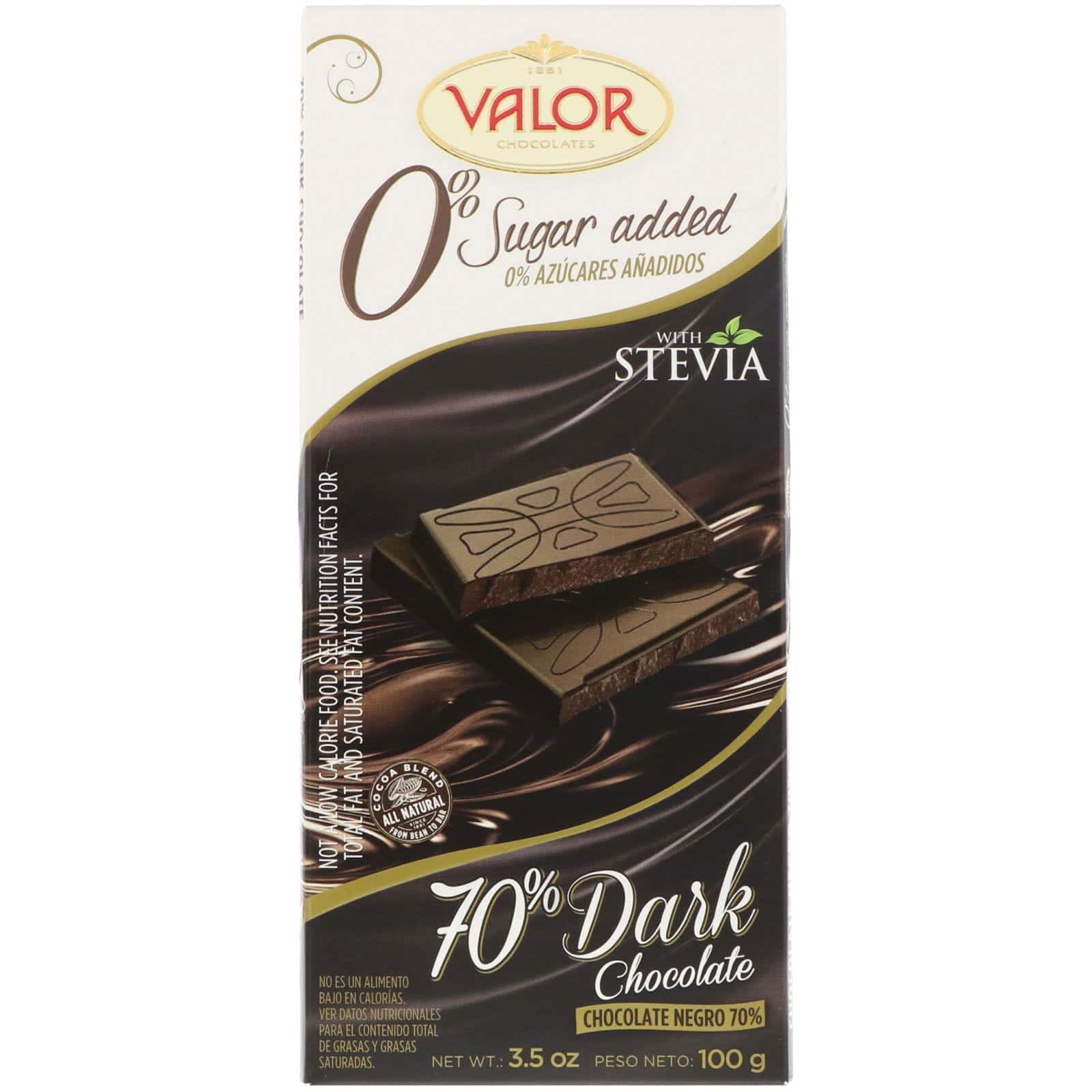 Valor, 0% Azúcar añadida, 70% Chocolate amargo, 3.5 oz (100 g)