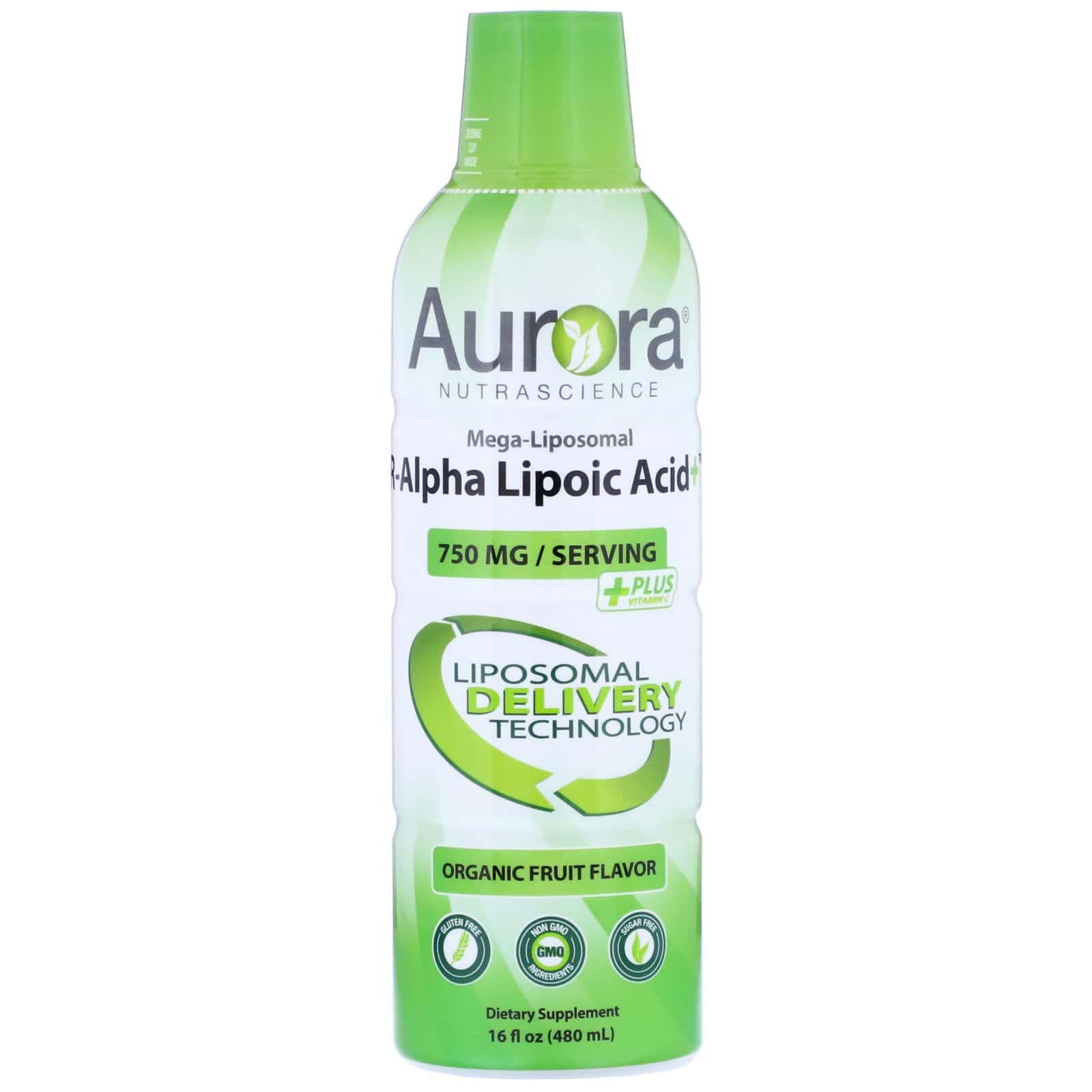 Aurora Nutrascience, Ácido R-alfa lipoico megaliposomal, Saborizante de frutas orgánicas, 750 mg, 480 ml (16 oz. líq.)