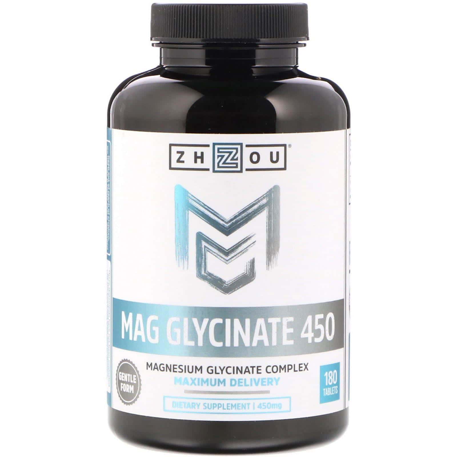 Zhou Nutrition, Glicinato de magnesio 450, 450 mg, 180 Tabletas
