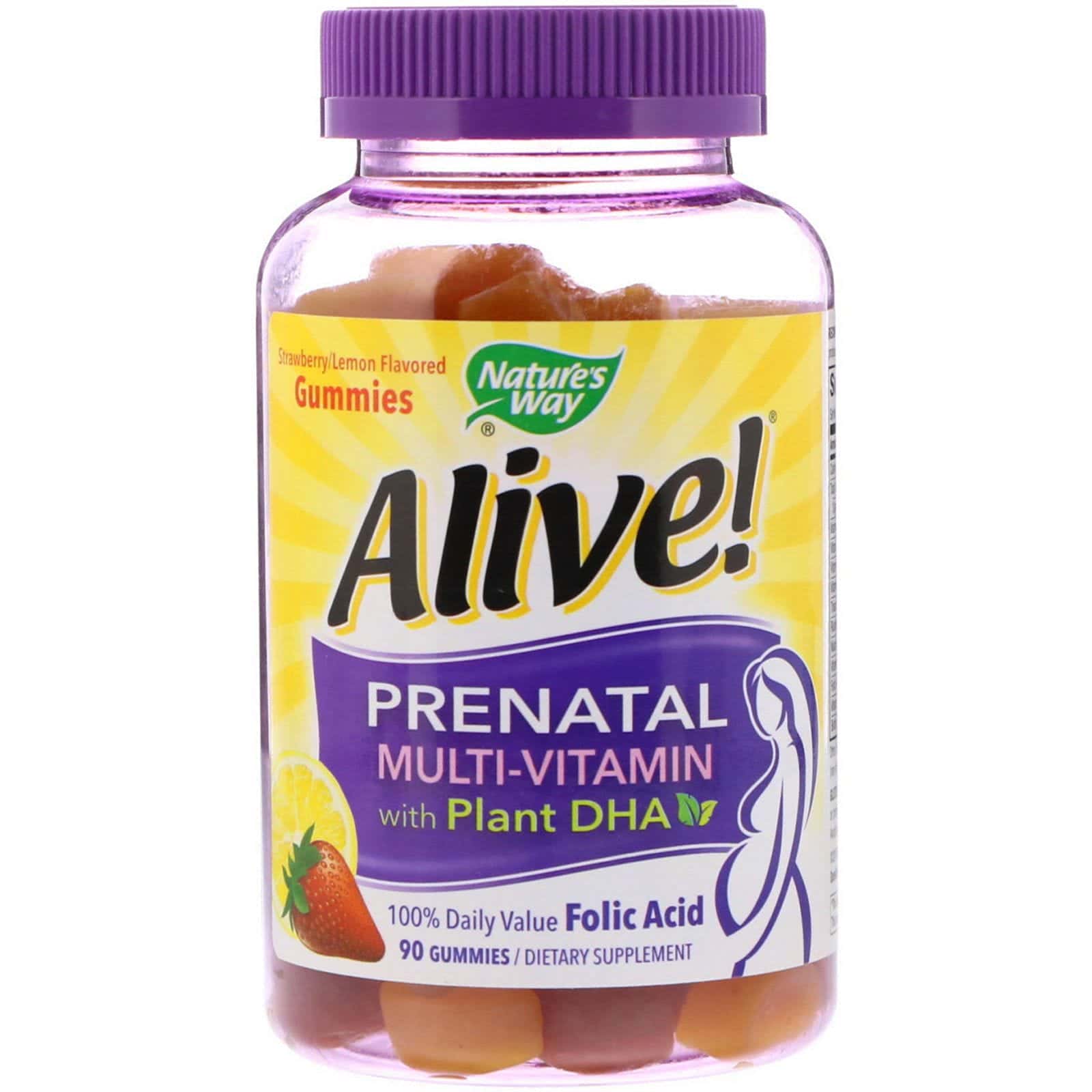 Nature's Way, Alive!, Complejo multivitamínico prenatal con DHA de origen vegetal, Sabor a fresa/limón, 90 gomitas