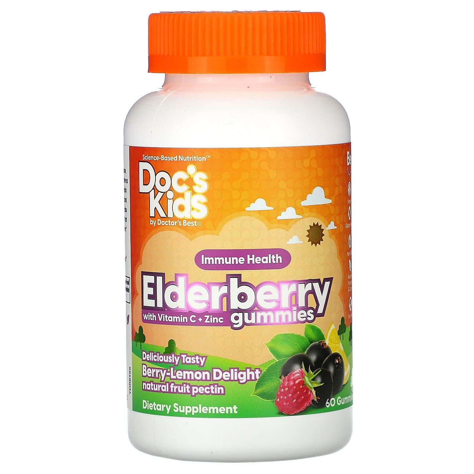 Doctor's Best, Doc's Kids, Gomitas de saúco con vitamina C y zinc, Sabor a delicia de limón y bayas, 60 gomitas