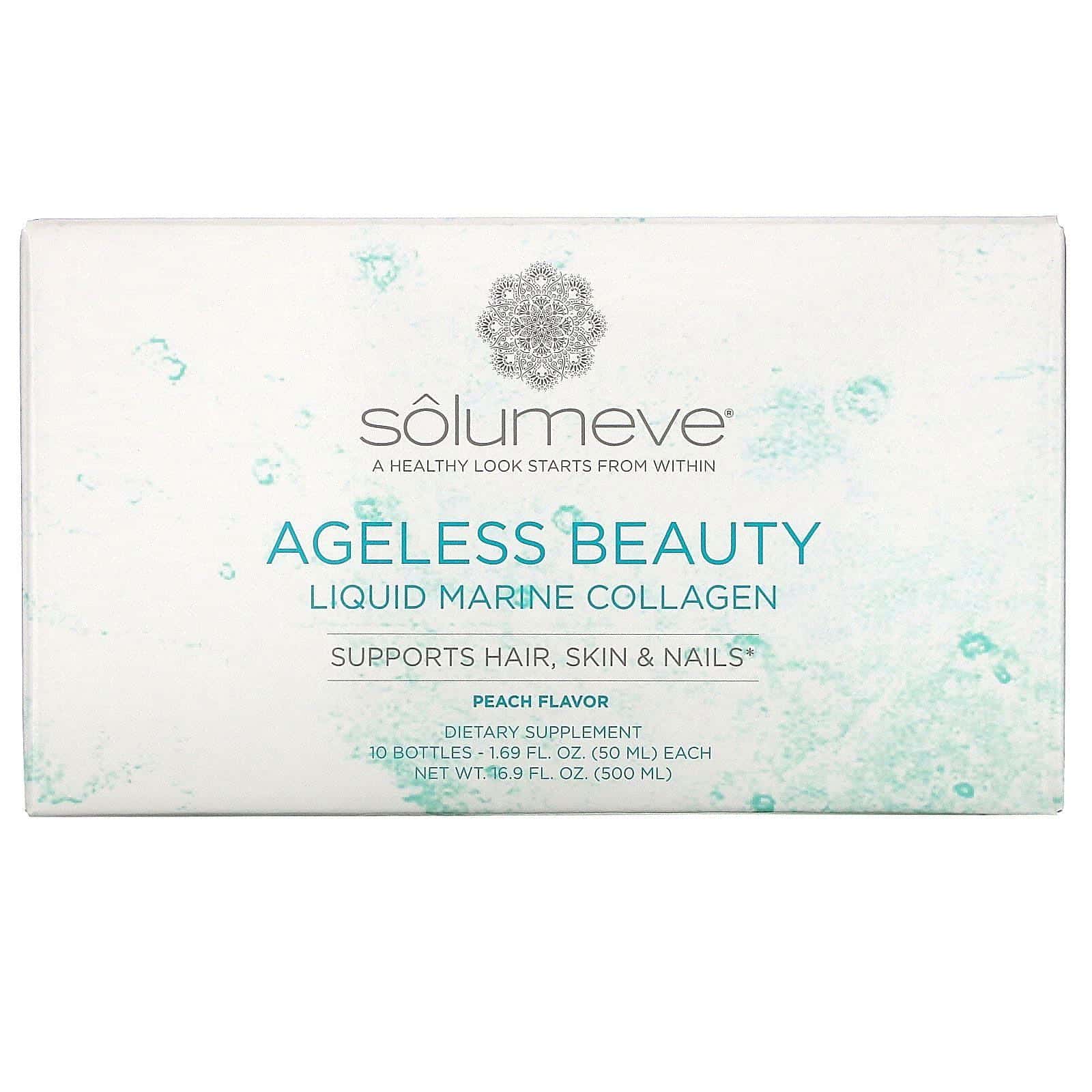 Solumeve, Belleza sin edad, Colágeno marino líquido con CoQ10 e ingredientes botánicos, Refuerzo para el cabello, la piel y las uñas, Sabor a melocotón, 10 envases, 50 ml (1,69 oz. líq.) cada uno