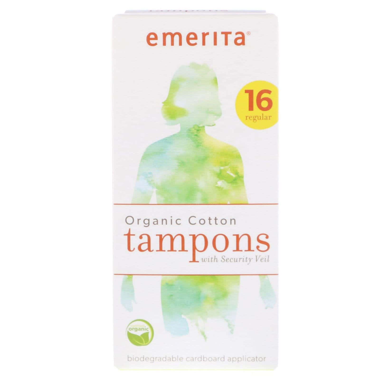 Emerita, Tampones de algodón orgánico con cubierta de seguridad, regular, 16 tampones