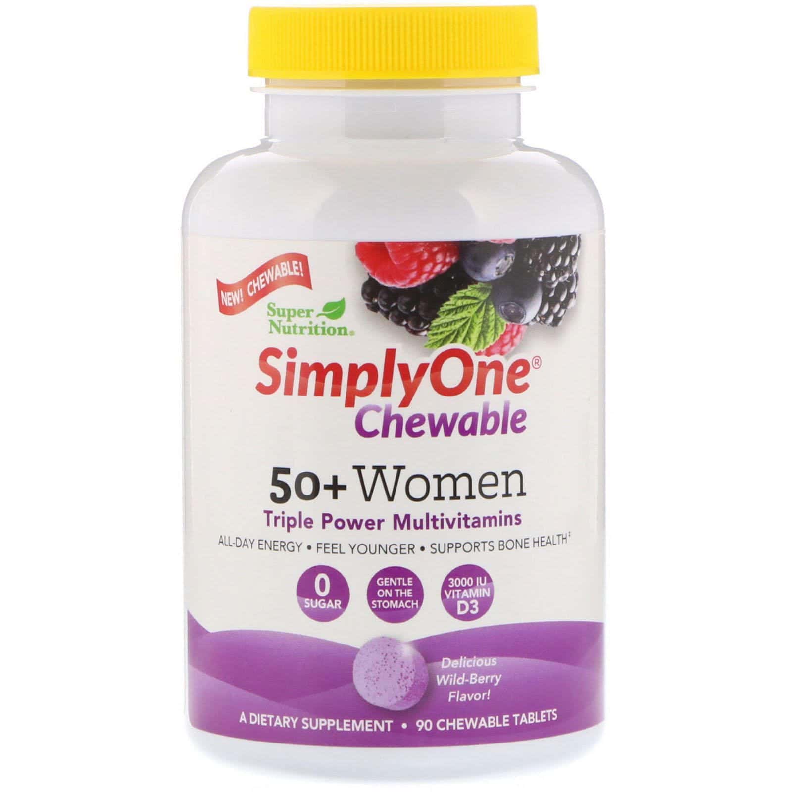 Super Nutrition, SimplyOne, Mujeres de más de 50 años, Multivitamínico de triple acción, Sabor de bayas silvestres, 90 comprimidos masticables