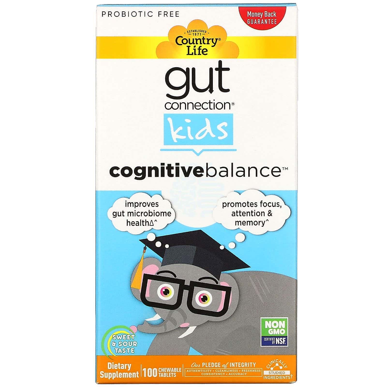 Country Life, Gut Connection para niños, Cognitive Balance, Sabor agridulce, 100 comprimidos masticables