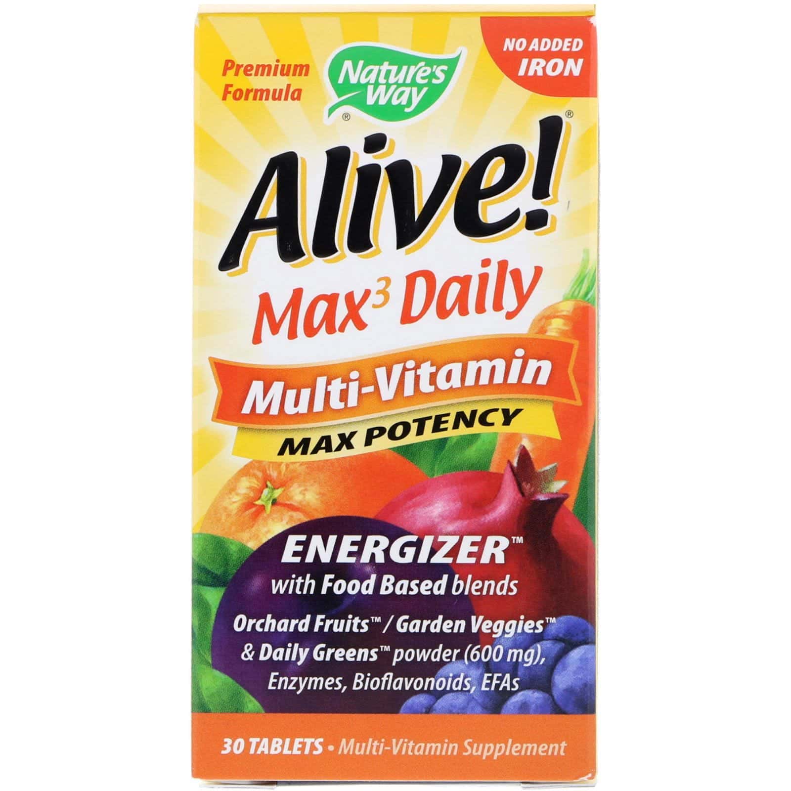 Nature's Way, Alive! Multivitamínico diario Max3, sin hierro agregado, 30 comprimidos