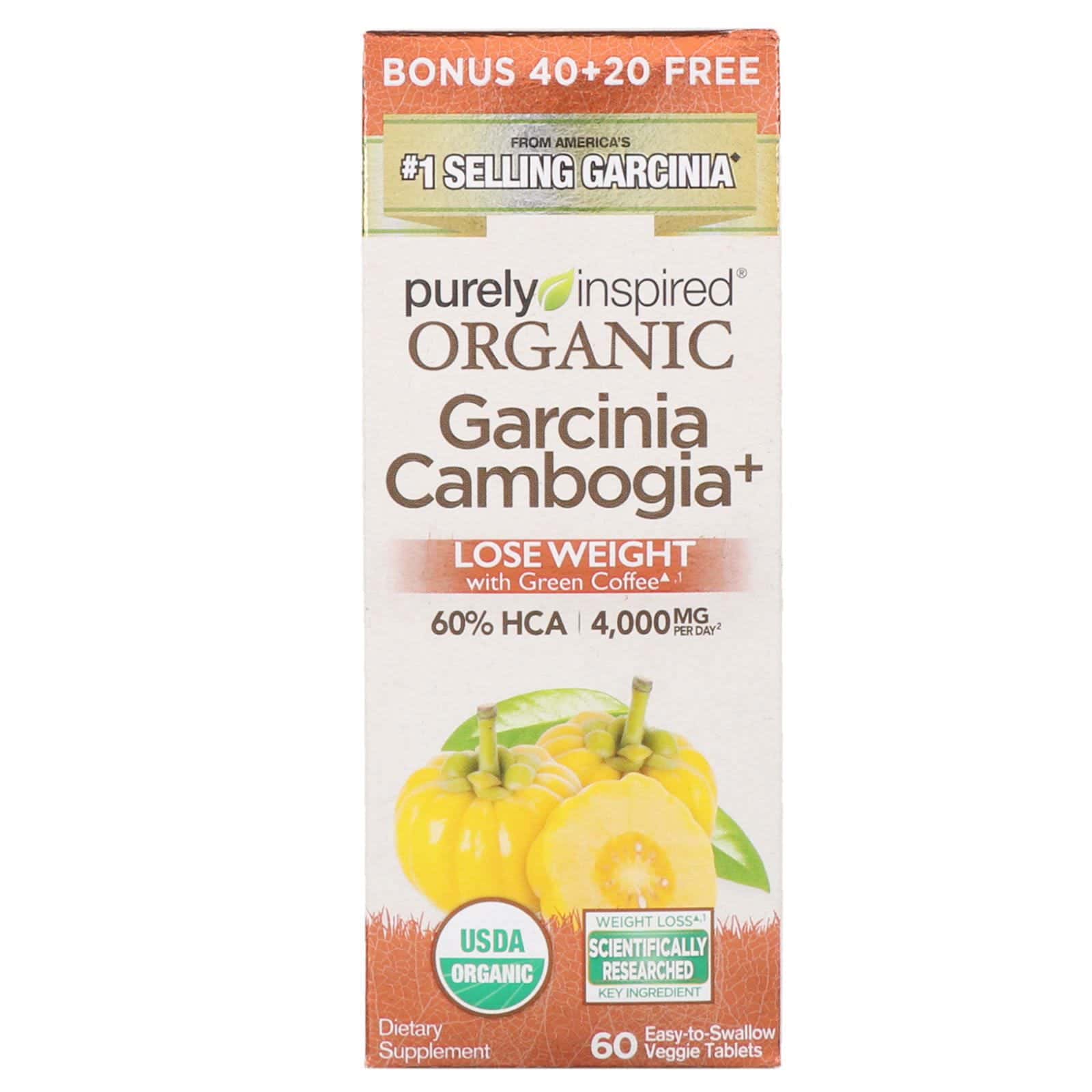 Purely Inspired, Garcinia Cambogia+ orgánica, 60 comprimidos fáciles de tragar aptos para vegetarianos