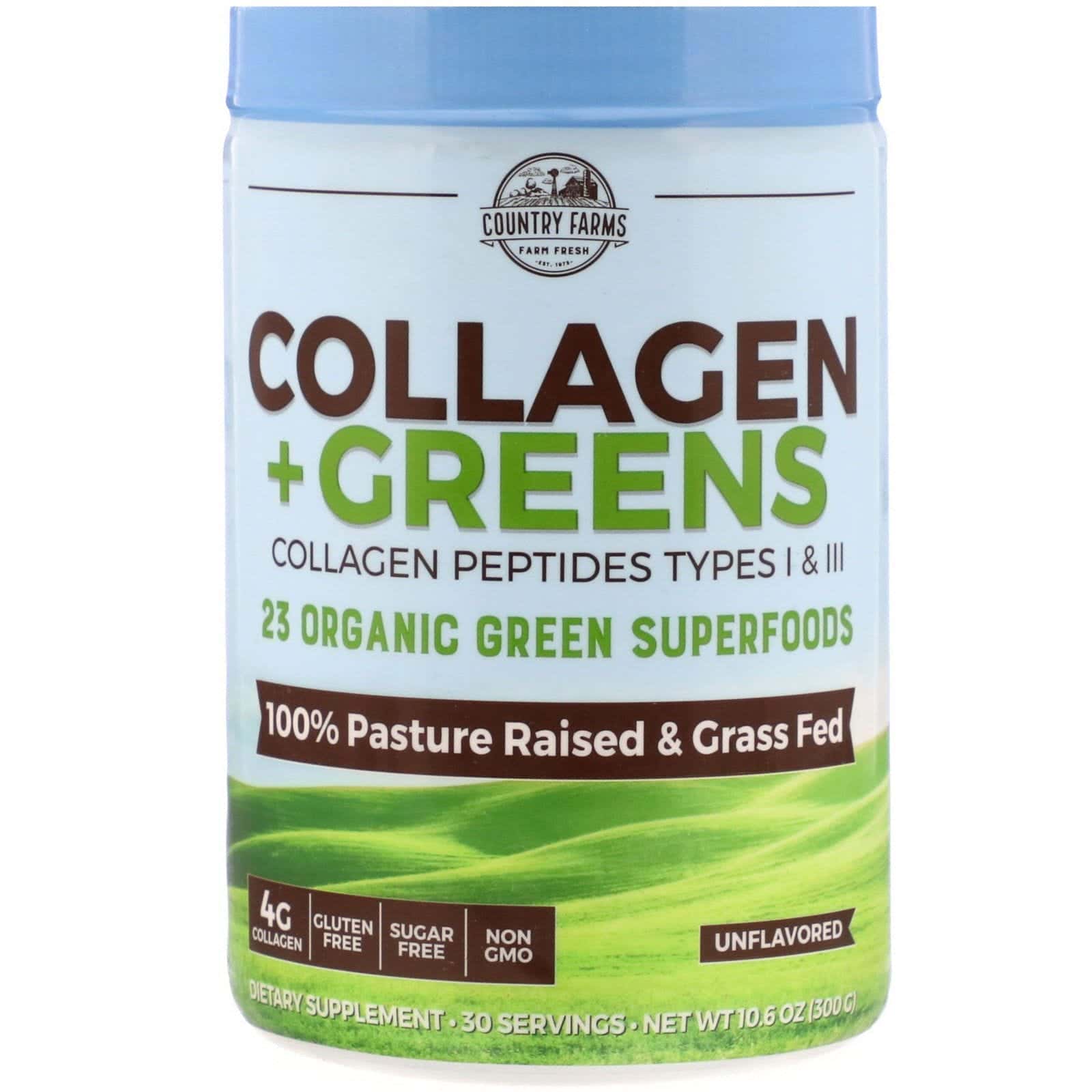 Country Farms, Colágeno y verduras de hoja verde, Sin sabor, 300 g (10,6 oz)