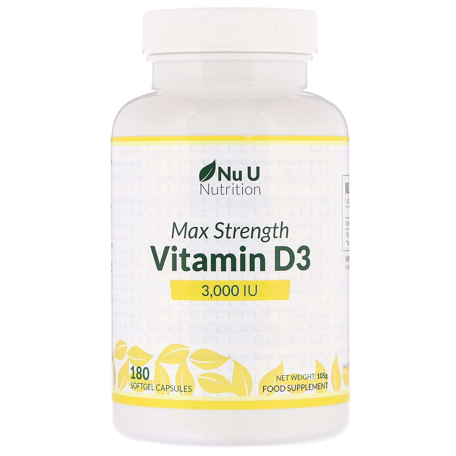 Nu U Nutrition, Vitamina D de máxima acción, 3000 UI, 180 cápsulas blandas