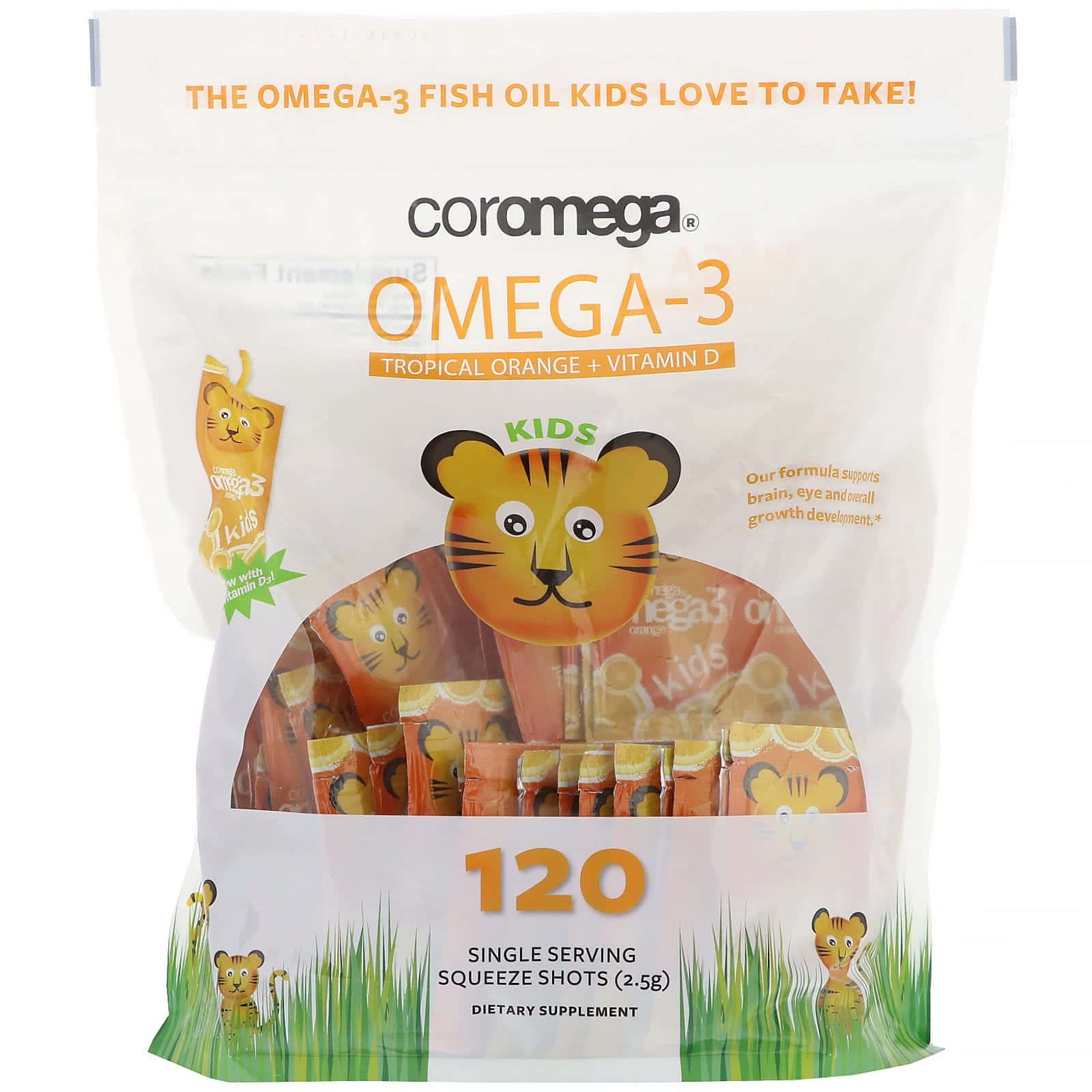 Coromega, Omega-3, Naranja tropical y vitamina D para niños, 120 tragos para exprimir