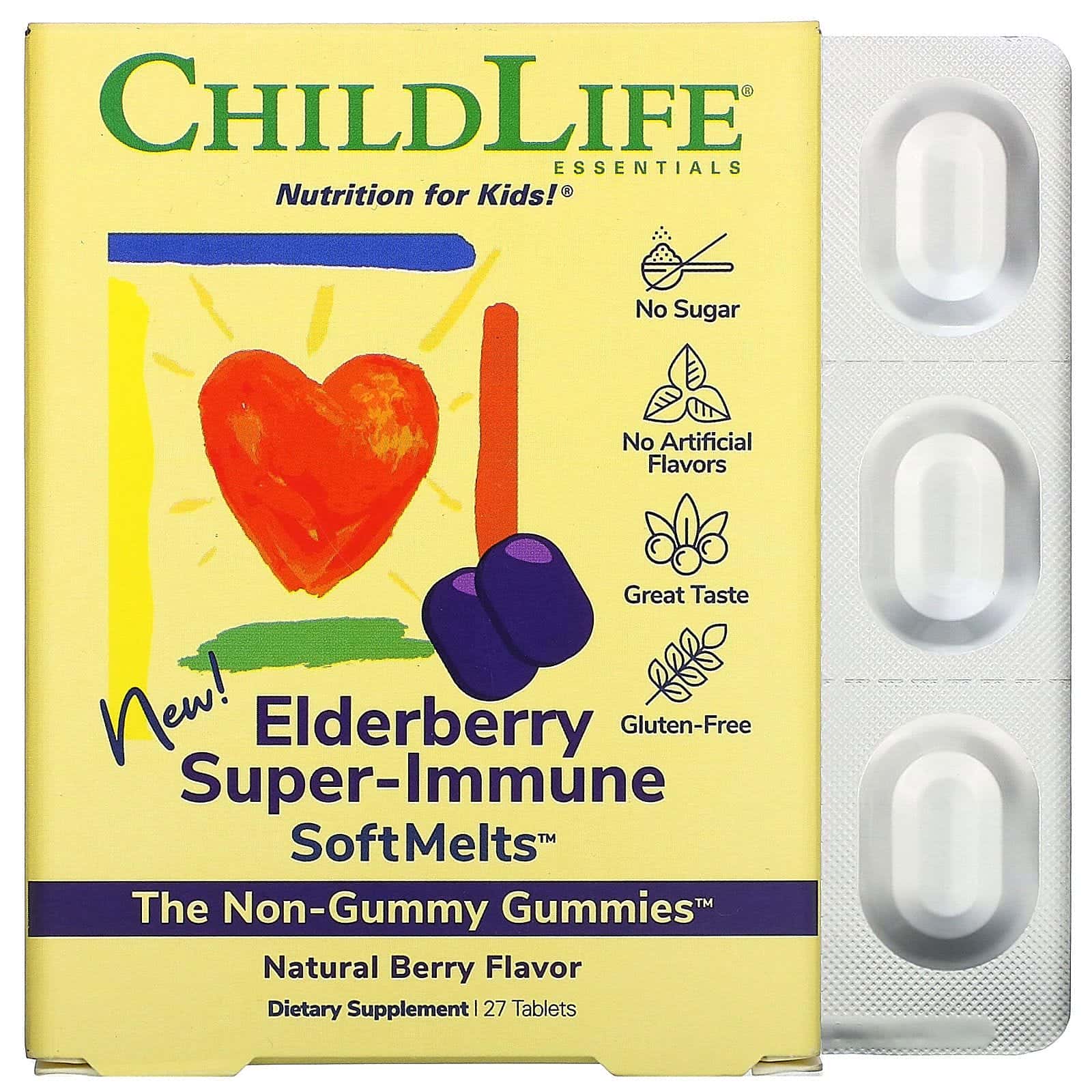 ChildLife, Elderberry Super-Immune SoftMelts, Suplemento de saúco para la salud inmunitaria, Sabor a bayas naturales, 27 comprimidos