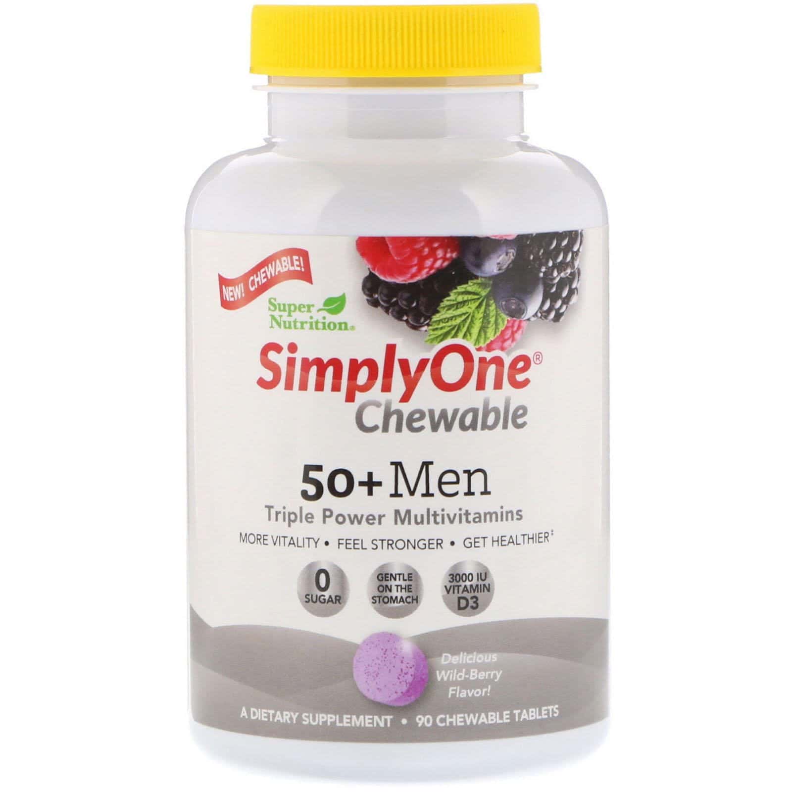 Super Nutrition, SimplyOne, multivitamínico triple potencia, hombres +50, sabor a bayas silvestres, 90 tabletas masticables