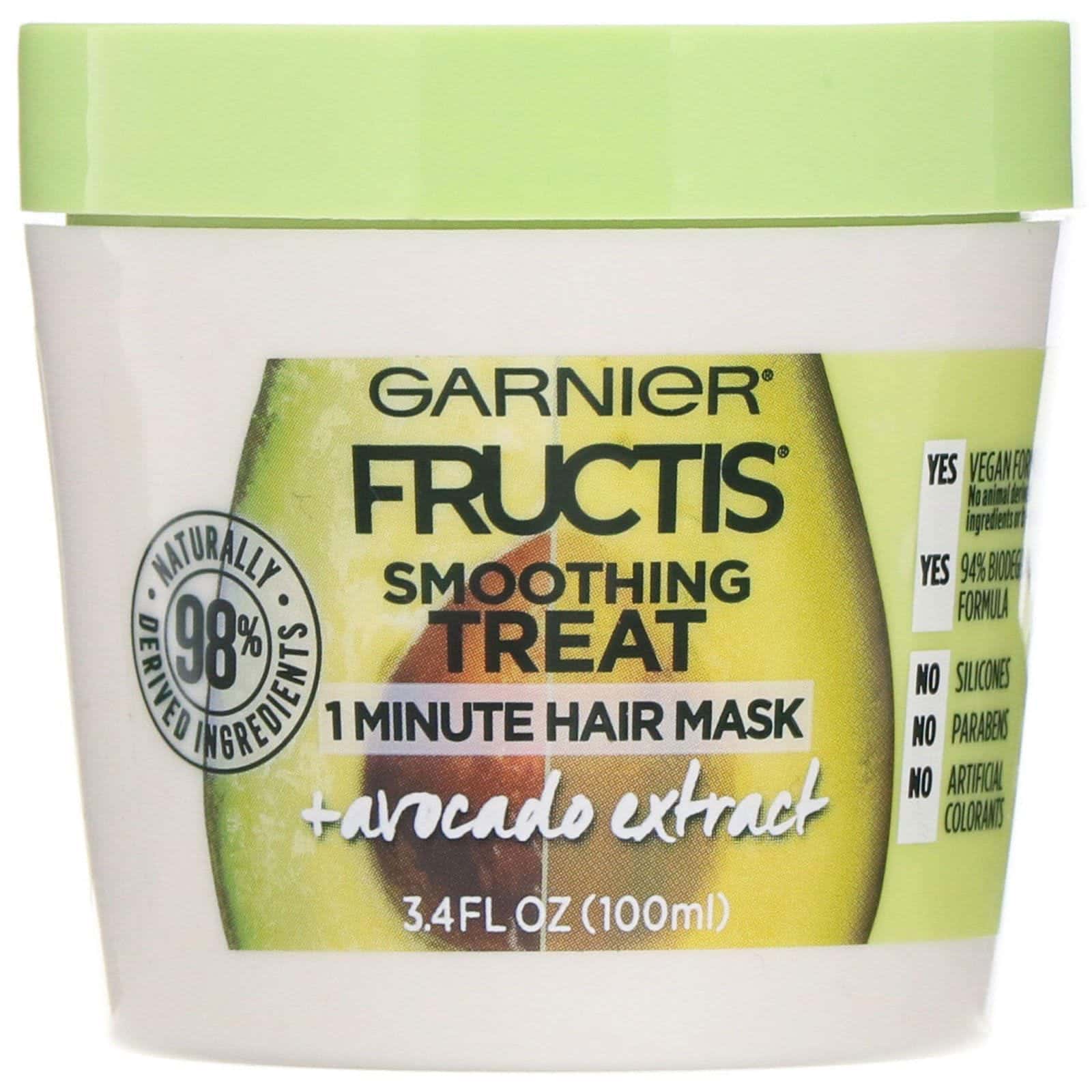 Garnier, Fructis, Tratamiento suavizante para el cabello, Mascarilla para el cabello de 1 minuto con extracto de aguacate, 100 ml (3,4 oz. líq.)