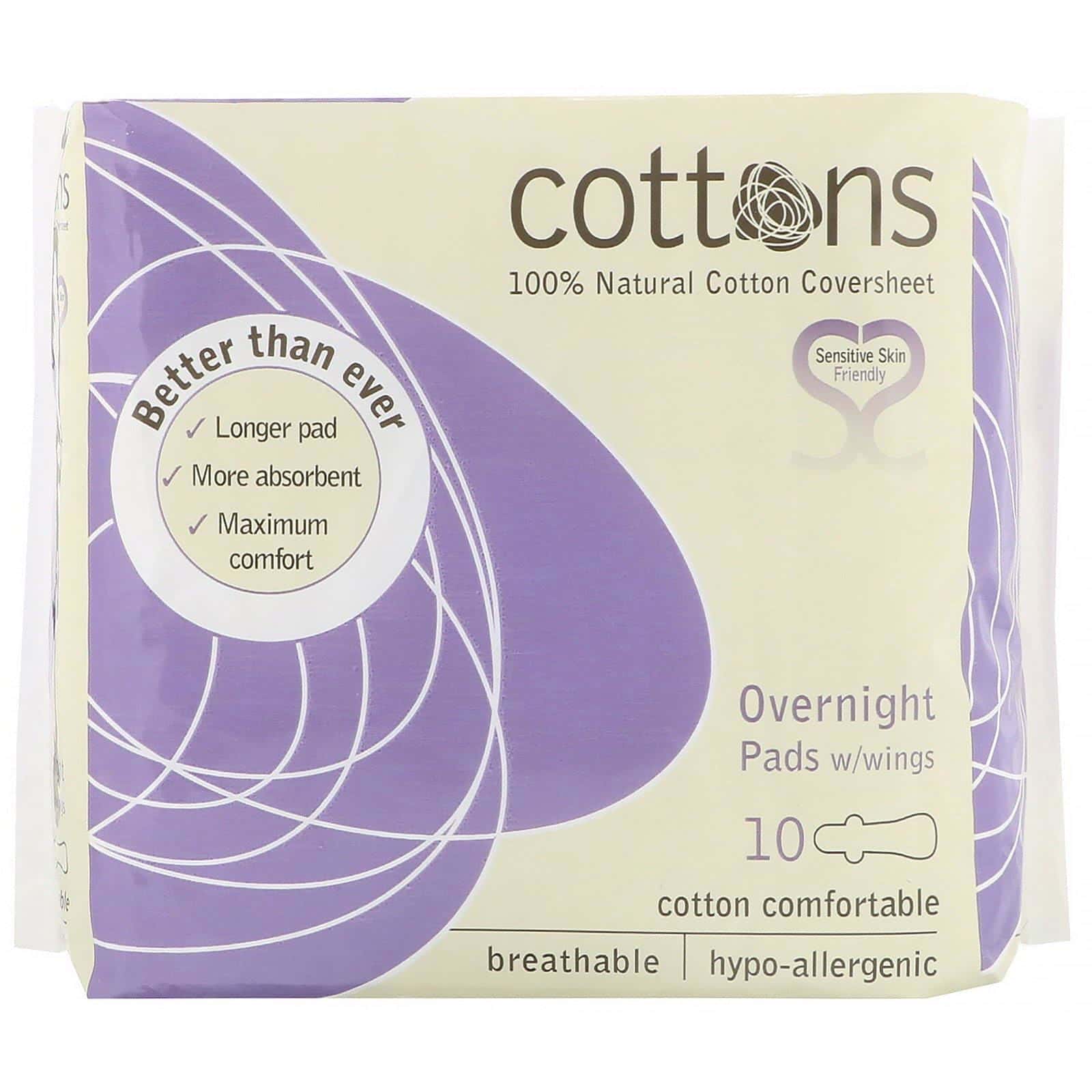 Cottons, Lámina de algodón 100 % natural, Toallitas femeninas nocturnas con alas, Flujo intenso, 10 toallitas