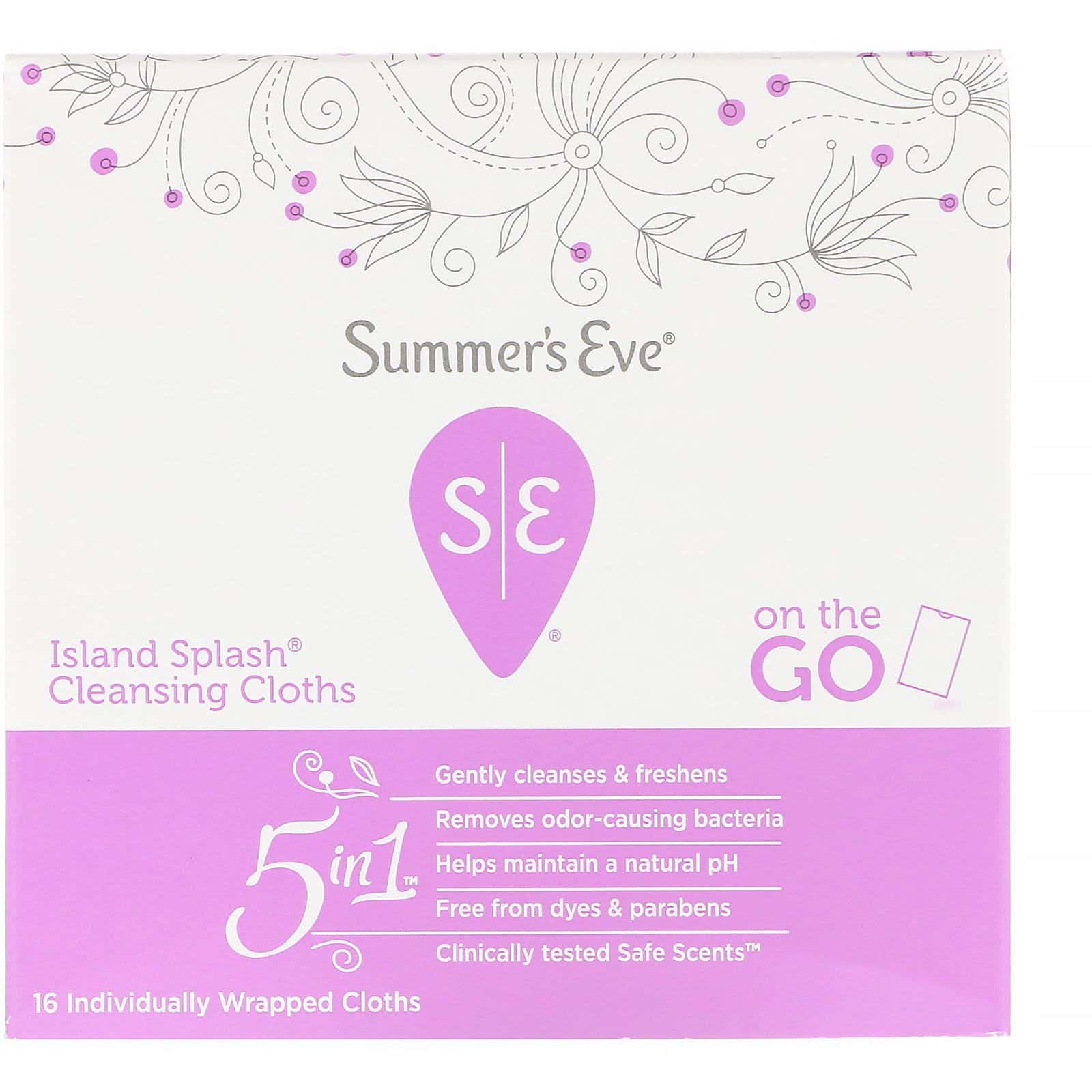Summer's Eve, Toallitas de higiene íntima 5 en 1 aroma playa, 5 in 1, Island Splash, 16 toallitas en envase individual
