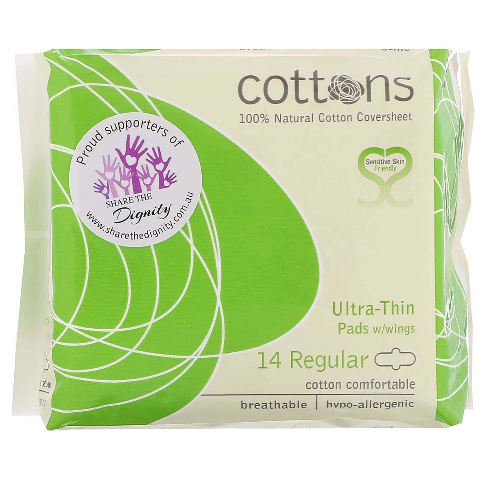 Cottons, Lámina de algodón 100 % natural, Toallitas femeninas ultrafinas con alas, Tamaño regular, 14 toallitas