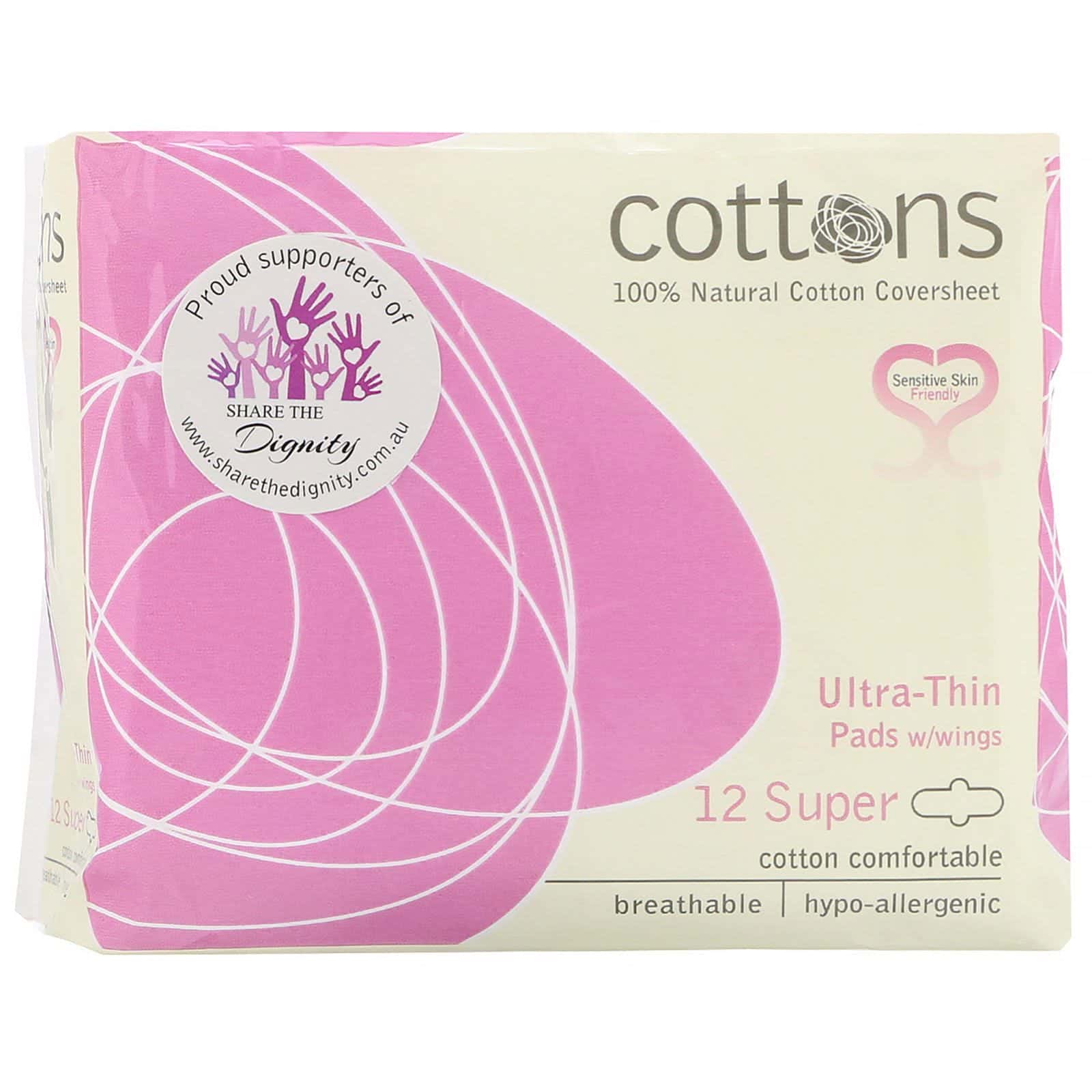 Cottons, Lámina de algodón 100 % natural, Toallitas femeninas ultrafinas con alas, Tamaño súper, 12 toallitas
