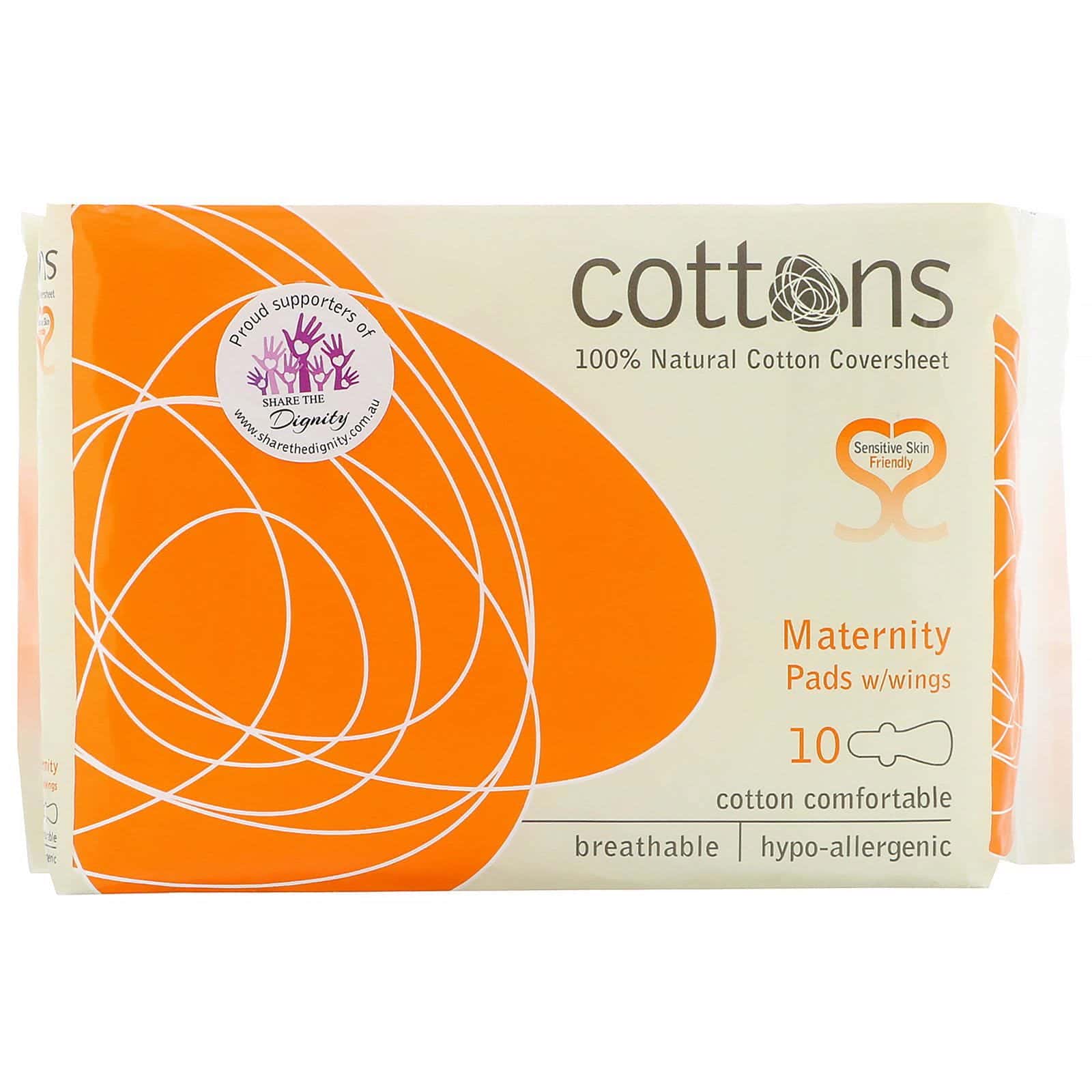 Cottons, Lámina de algodón 100 % natural, Toallitas femeninas con alas para maternidad, Flujo intenso, 10 toallitas