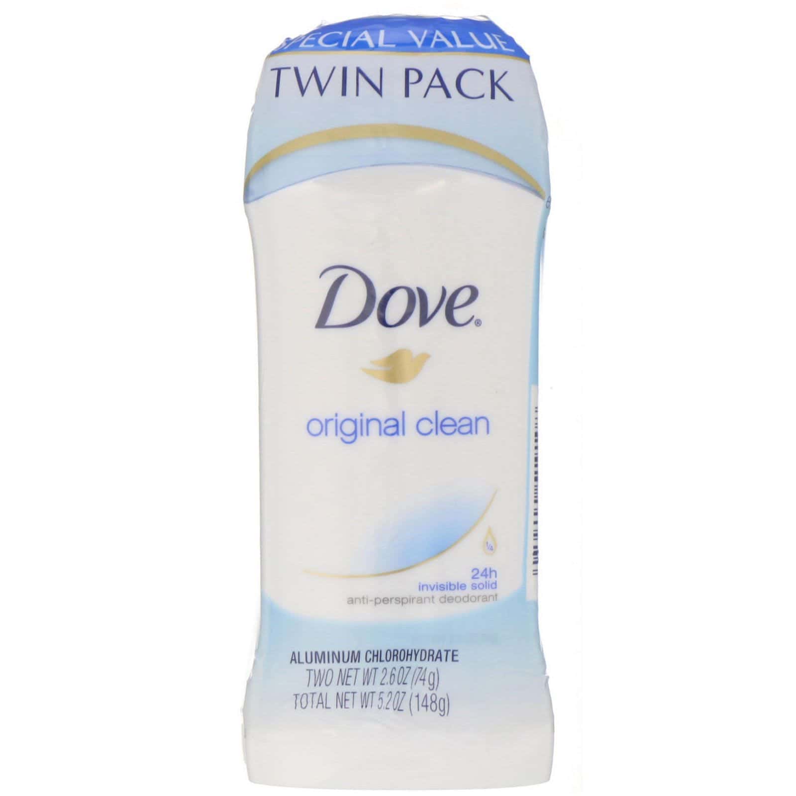 Dove, Desodorante sólido invisible, Limpieza original, Paquete con 2 unidades, 74 g (2,6 oz) cada uno